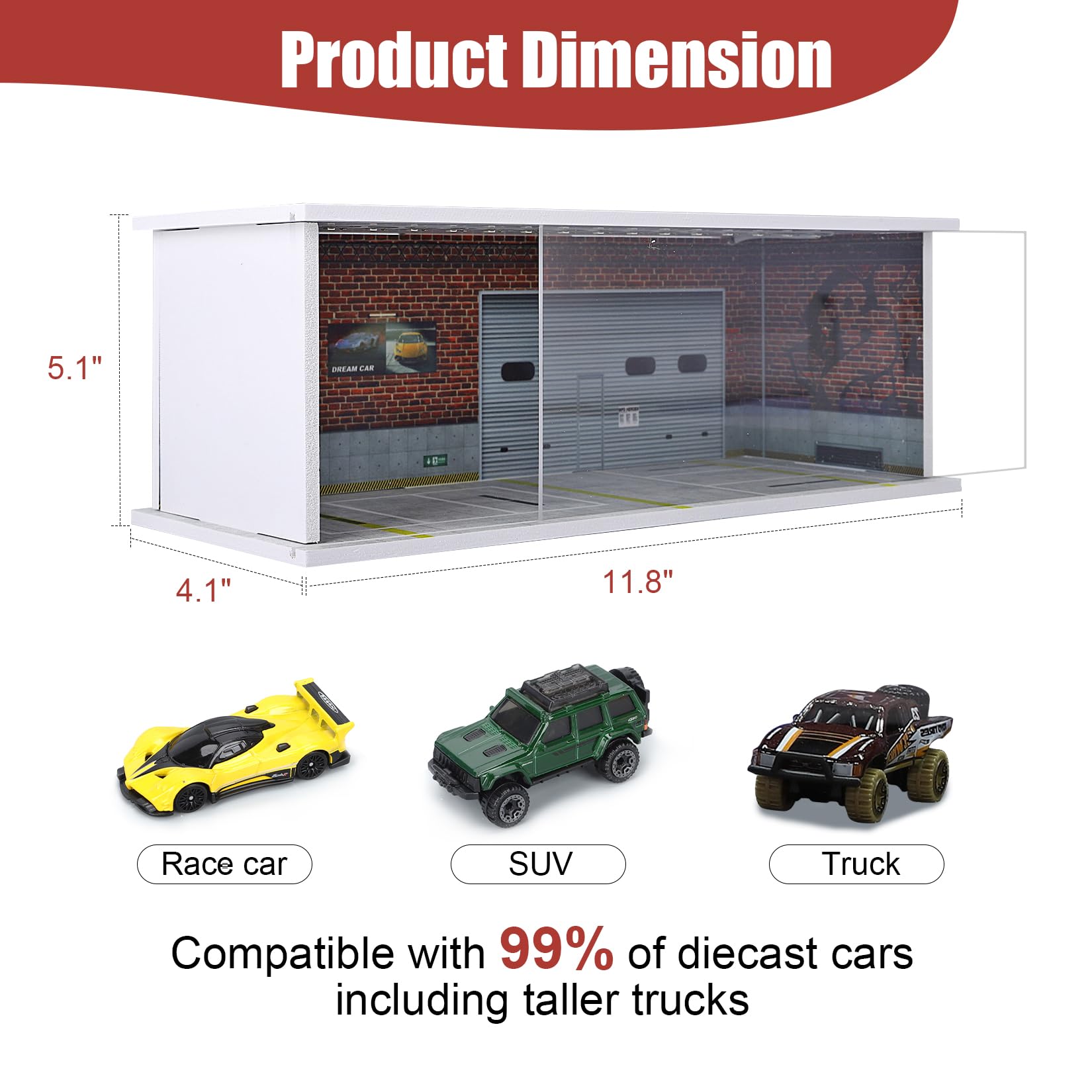 Hot Wheels Display Case - Stackable Parking Garage for 1/64 Scale Matchbox & Toy Cars, Foam Board Storage with LED Lights & Acrylic Cover for Monster Trucks (Green Stripe) - Perfect for Collectors, Showroom Display & Home Decoration