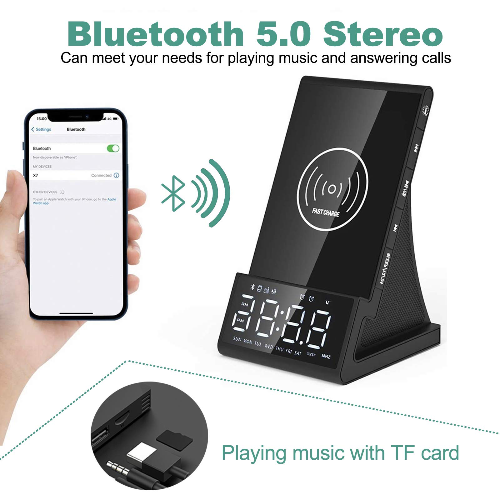 Wireless Charging Alarm Clock Radio with Bluetooth Speaker, USB Charger & Temperature Display - Dual Alarms, Snooze, 4-Level Dimmer for Bedroom, Office, Nightstand (Perfect for iPhone & Android Charging)
