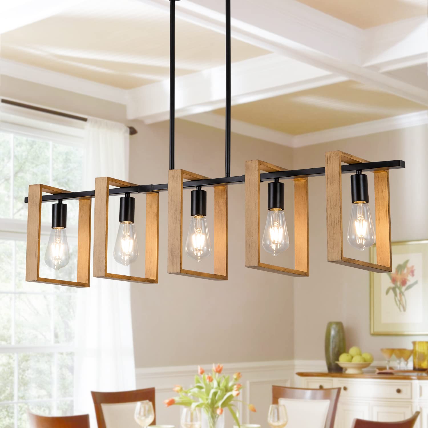 Farmhouse Chandelier - 5-Light Wood and Black Rustic Pendant Lighting for Dining Room & Kitchen Island (41.3