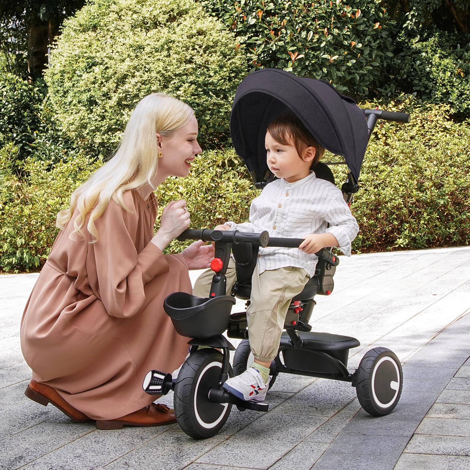 6-in-1 Foldable Baby Tricycle with Adjustable Canopy & Safety Harness - Convertible Toddler Trike for 7 Months to 5 Years Old Boys & Girls - Removable Push Handle, Rotating Seat & Storage Basket - Perfect for Outdoor Play, Park Rides & Learning Balance
