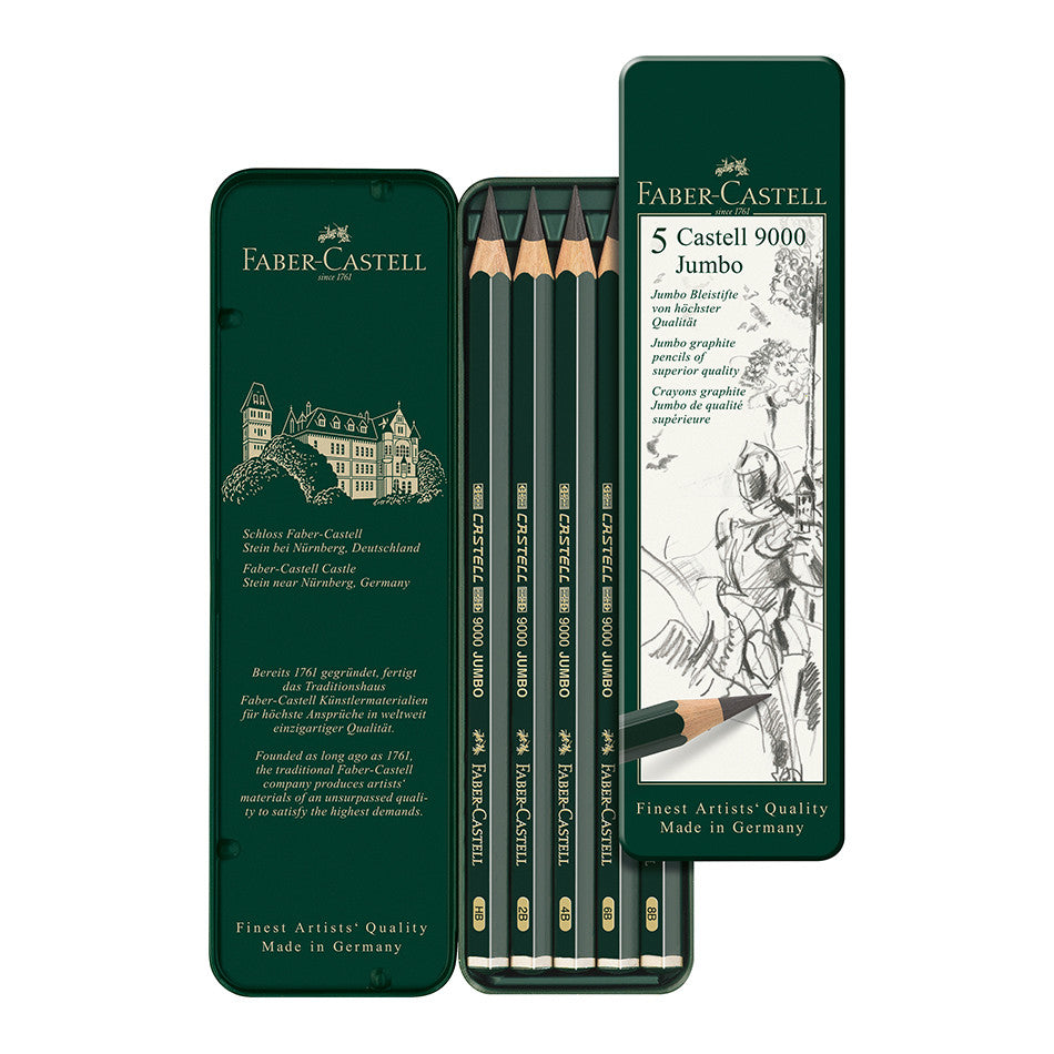 Faber-Castell 9000 Jumbo Graphite Pencils - Set of 5 Premium Drawing Pencils in Tin Case - Perfect for Sketching, Shading & Art Projects