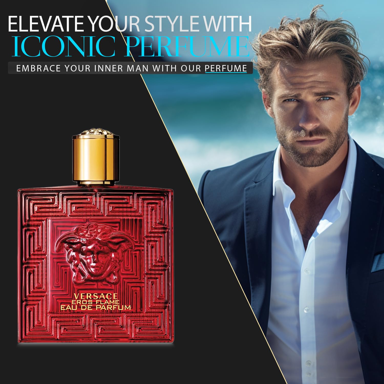 Eros Flame for Men | 3.4 Oz Eau de Parfum Spray Gift Set with Lavender Soy Candle (5 ml), Car Air Fresheners & Travel Perfume Atomizer - Perfect Cologne Kit for Him, Ideal for Gifts, Date Nights & Everyday Wear