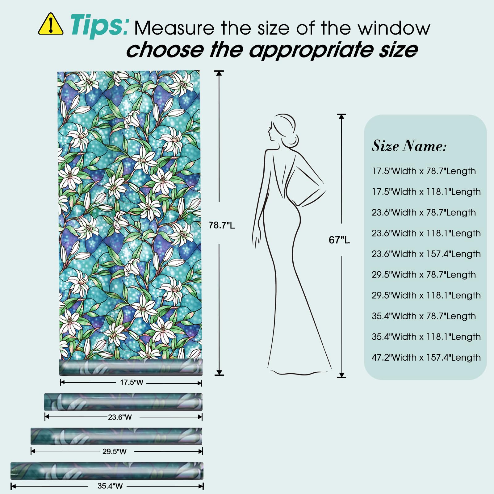 Coavas Frosted Stained Glass Privacy Window Film - Non-Adhesive Vinyl Window Tint for Bathroom & Home (23.6