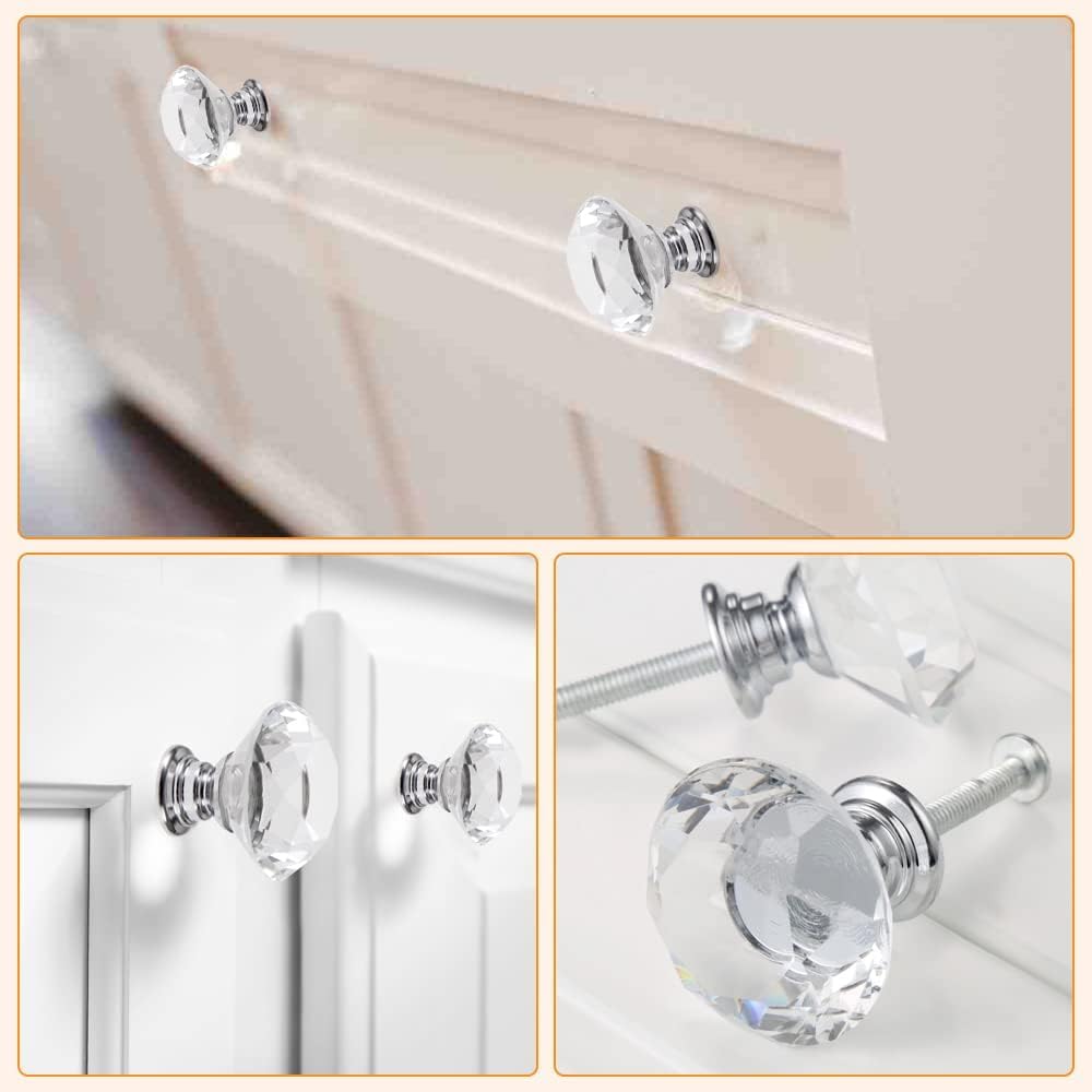 30mm Crystal Glass Knob - 4PCS Diamond Drawer Pulls for Cabinets & Wardrobes - Kitchen & Bathroom Upgrade