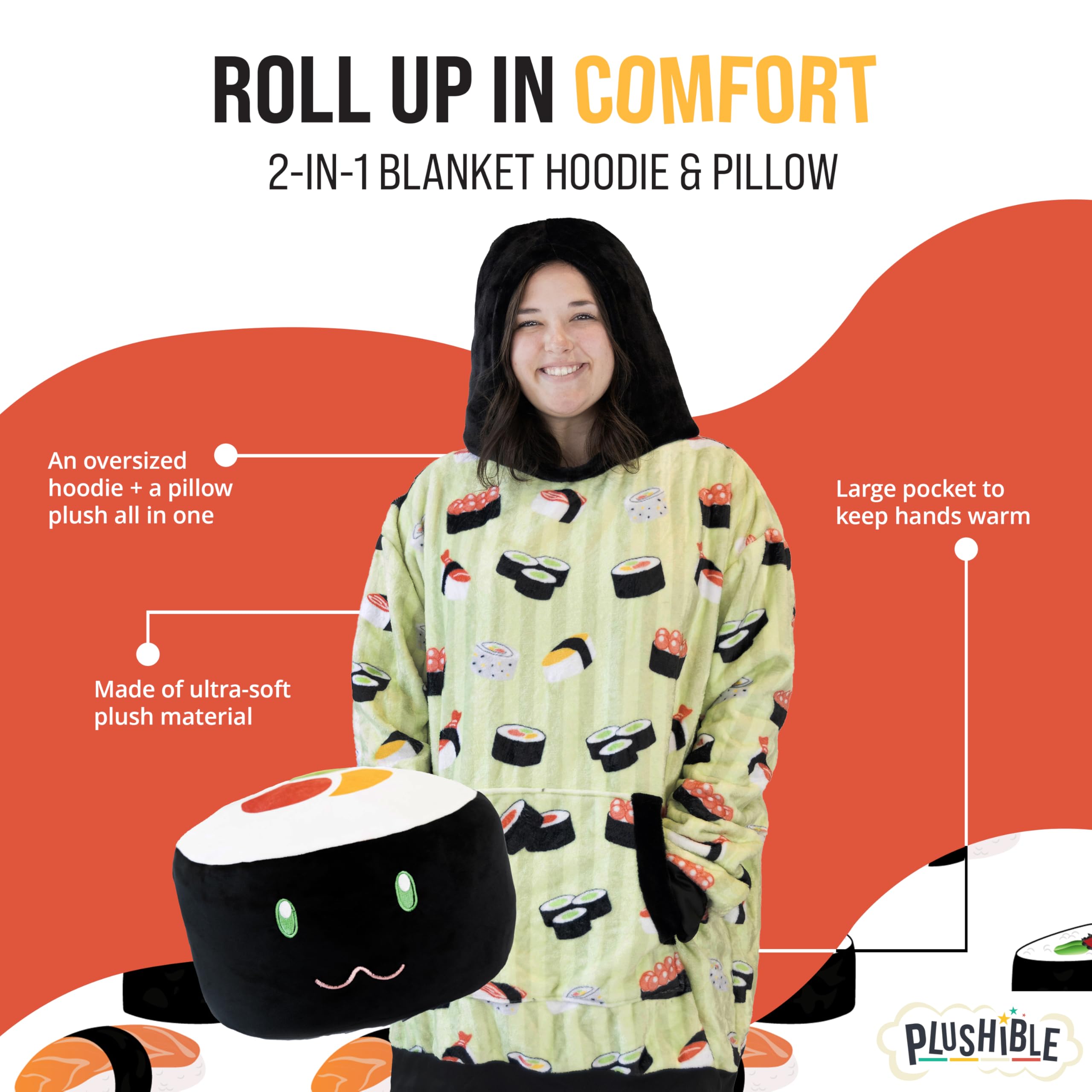 Plushible Wearable Blanket Hoodie for Adults - 2-in-1 Oversized Hoodie Blanket with Pillow & Long Sleeve Pocket - Soft Cozy Valentine's Gift for Women & Men - Perfect for Netflix Nights, Camping & Lounge Wear