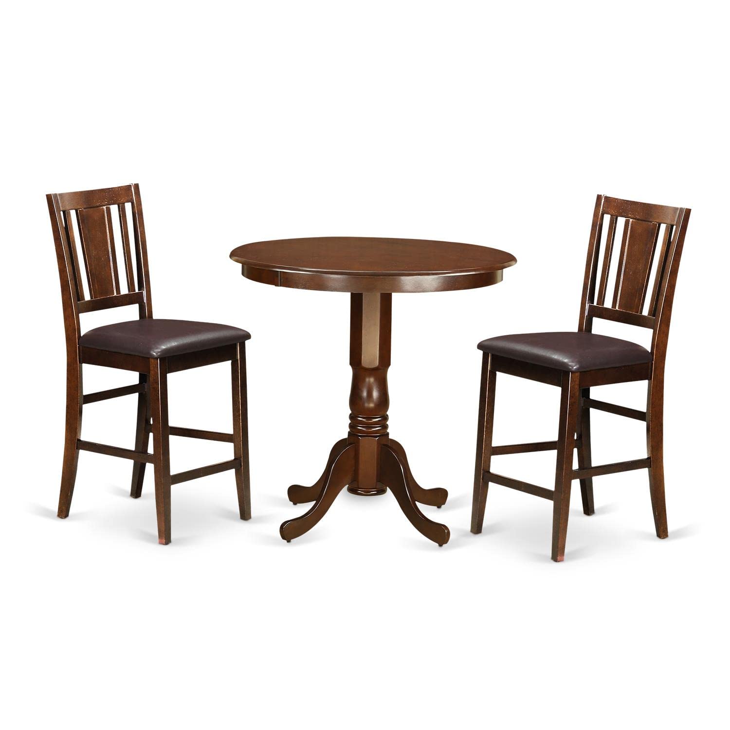 East West Furniture 3-Piece Counter Height Dining Set - 36x36 Inch Round Mahogany Wood Table with Pedestal Base & 2 Faux Leather Chairs - Perfect for Small Kitchen, Breakfast Nook, or Apartment Dining Space