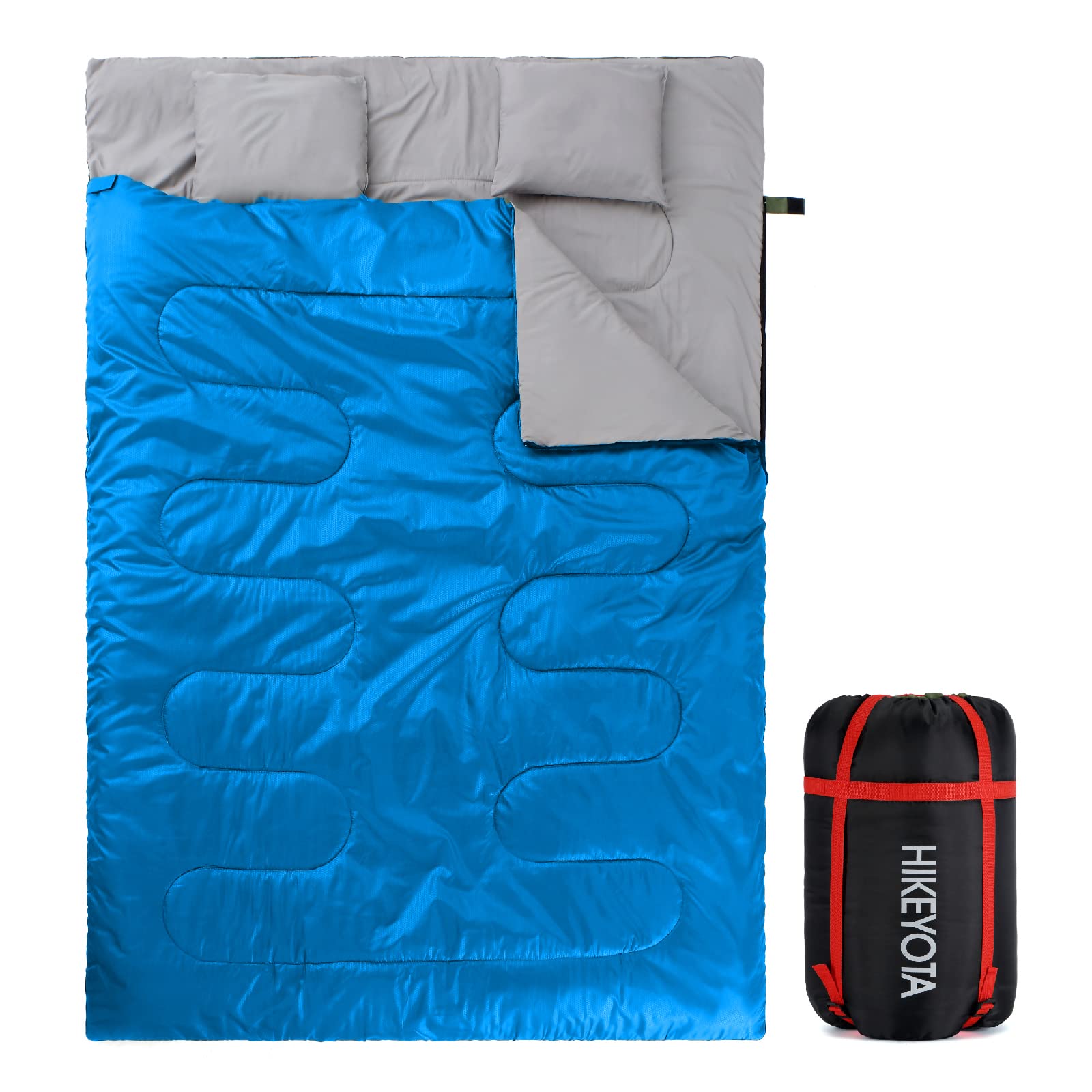Lightweight Double Sleeping Bag for Adults - 3-4 Season Warm & Cold Weather Camping Gear for Hiking, Backpacking - Includes Pillows & Compression Sack - Perfect for Outdoor Adventures, Family Camping Trips and Backcountry Exploration