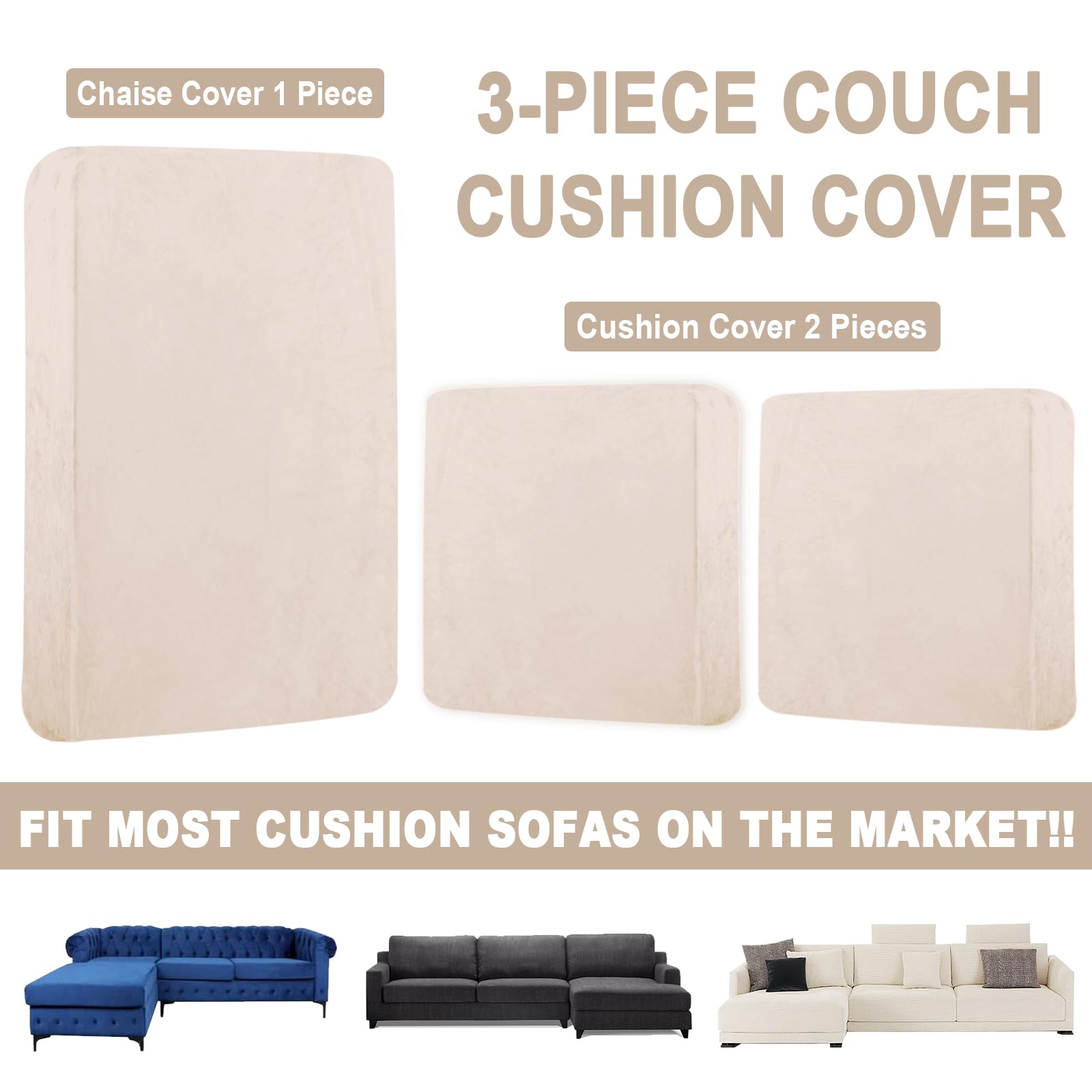 Velvet Stretch Sofa Slipcover for 3-Piece L-Shaped Sectional Couch - Includes 2 Pillowcases & Furniture Protector (Fits 2-Seater + Chaise, Beige) | Perfect for Living Room, Family Room & Home Theater Comfort