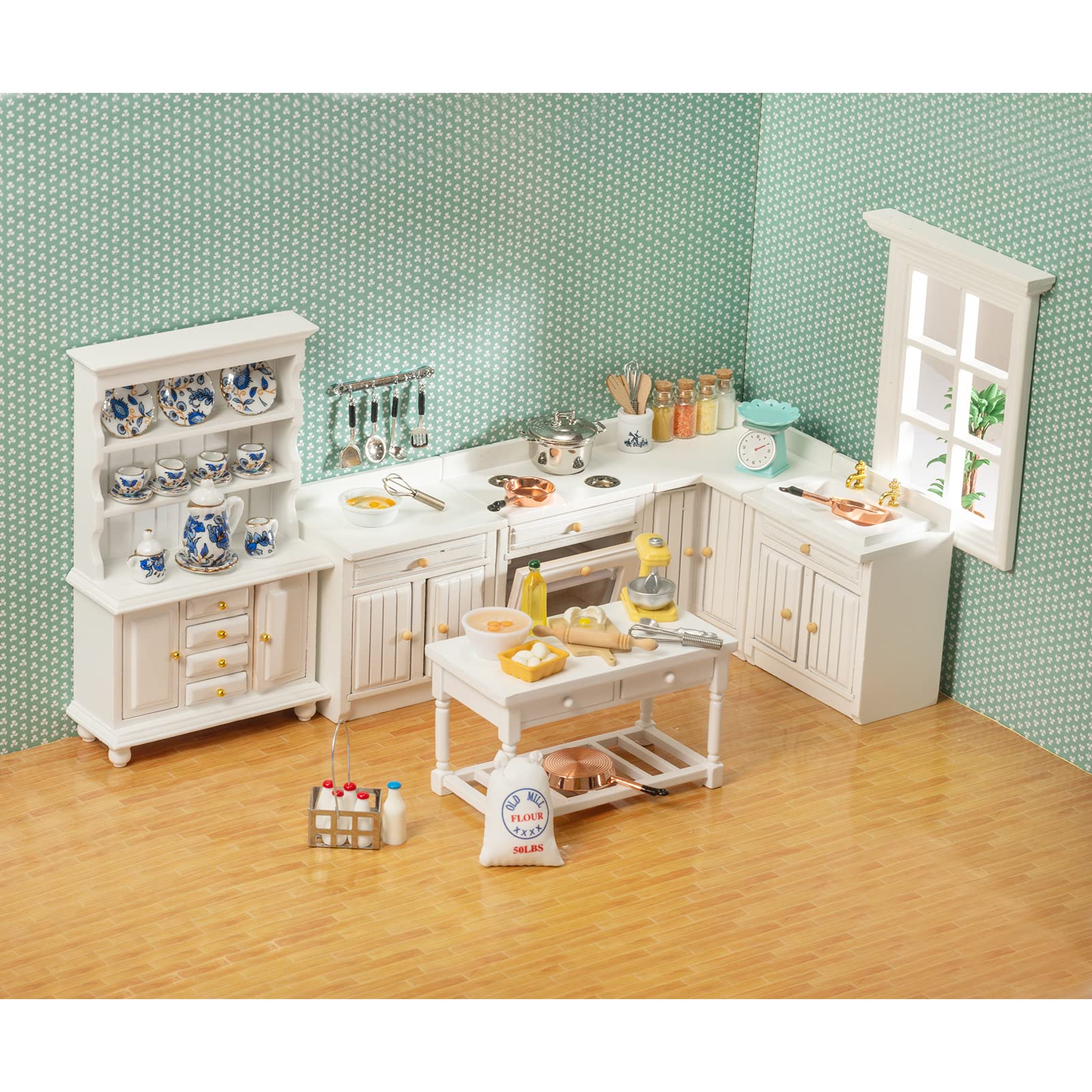 1:12 Scale Miniature Dollhouse Kitchen Set - SAMCAMI Mini Cabinet, Cupboard & Tea Set for Dollhouse Accessories | Perfect for Dollhouse Decor, DIY Projects & Collectors