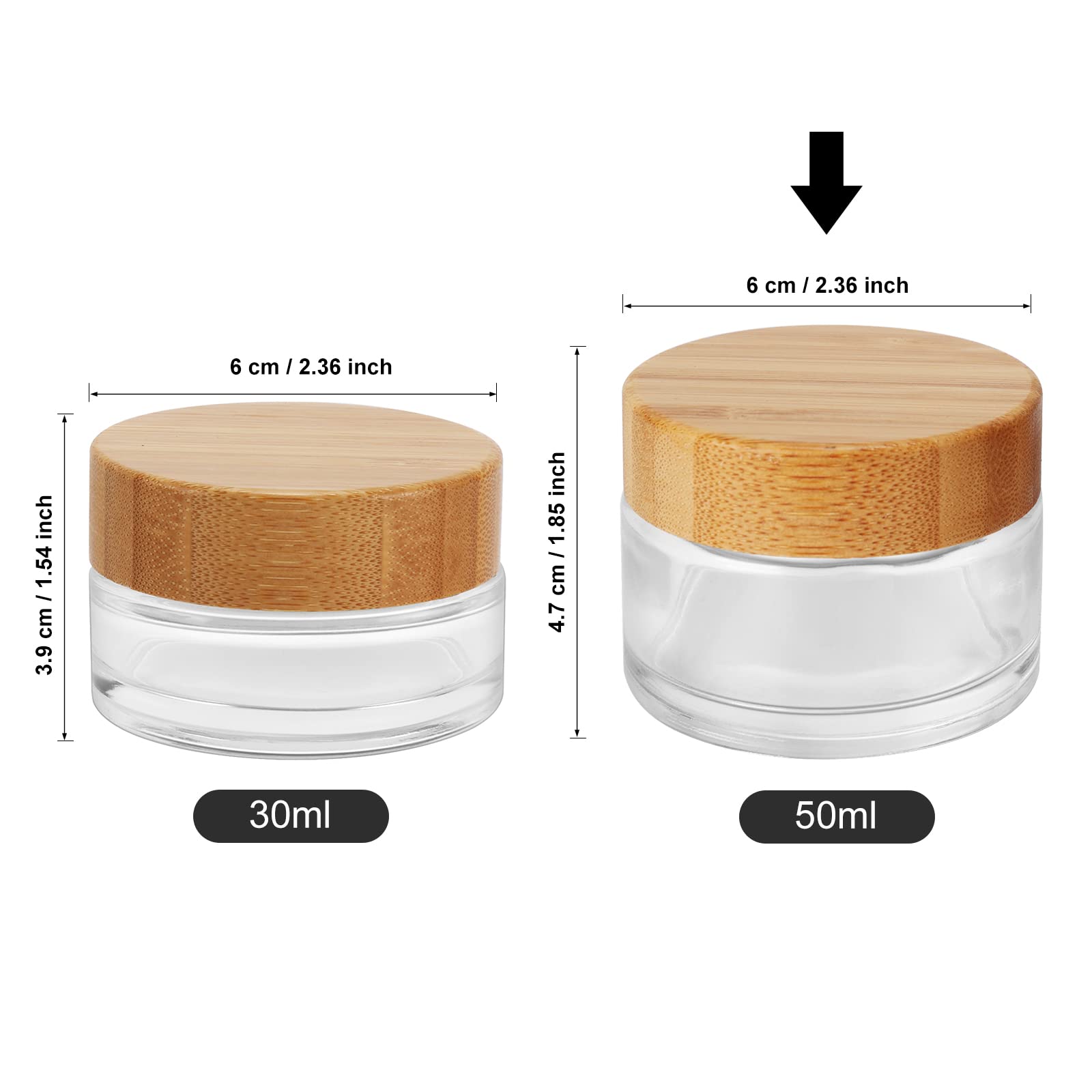 1.7oz (50ml) Clear Round Glass Jars with Bamboo Wood Lids & Seal - Refillable Travel Containers for Lip Balm, Cream, Makeup, Eyeshadow, Slime | Perfect for DIY Cosmetics, Toiletries & Craft Storage | Home, Salon & Travel Use