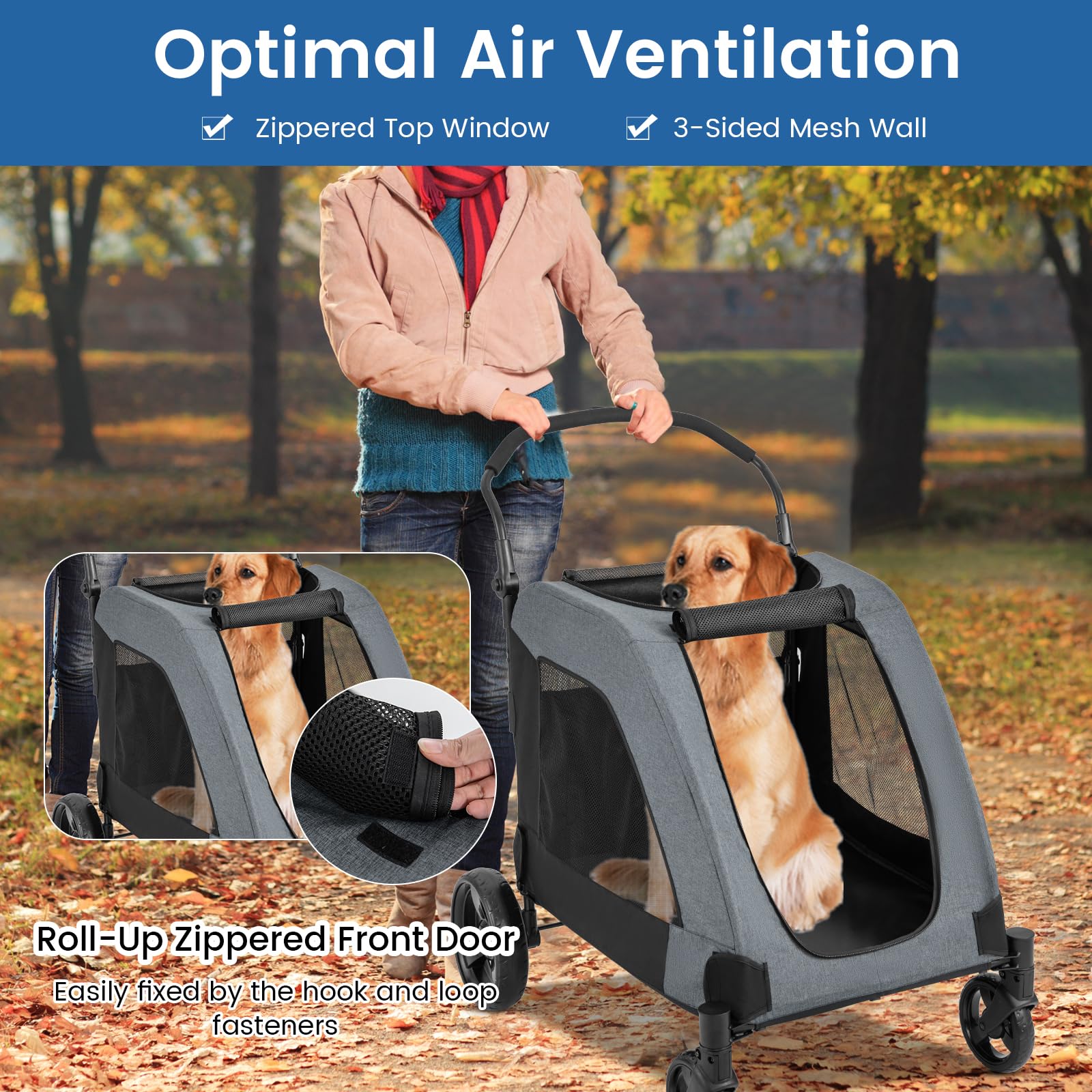 **Giantex Extra Large Dog Stroller for Big Dogs & Cats - Heavy Duty Pet Stroller for Senior Dogs, Safety Belt, Adjustable Handle, Removable Cushion, Foldable Design - Up to 132 lbs (Gray) - Perfect for Jogging, Shopping & Outdoor Adventures**