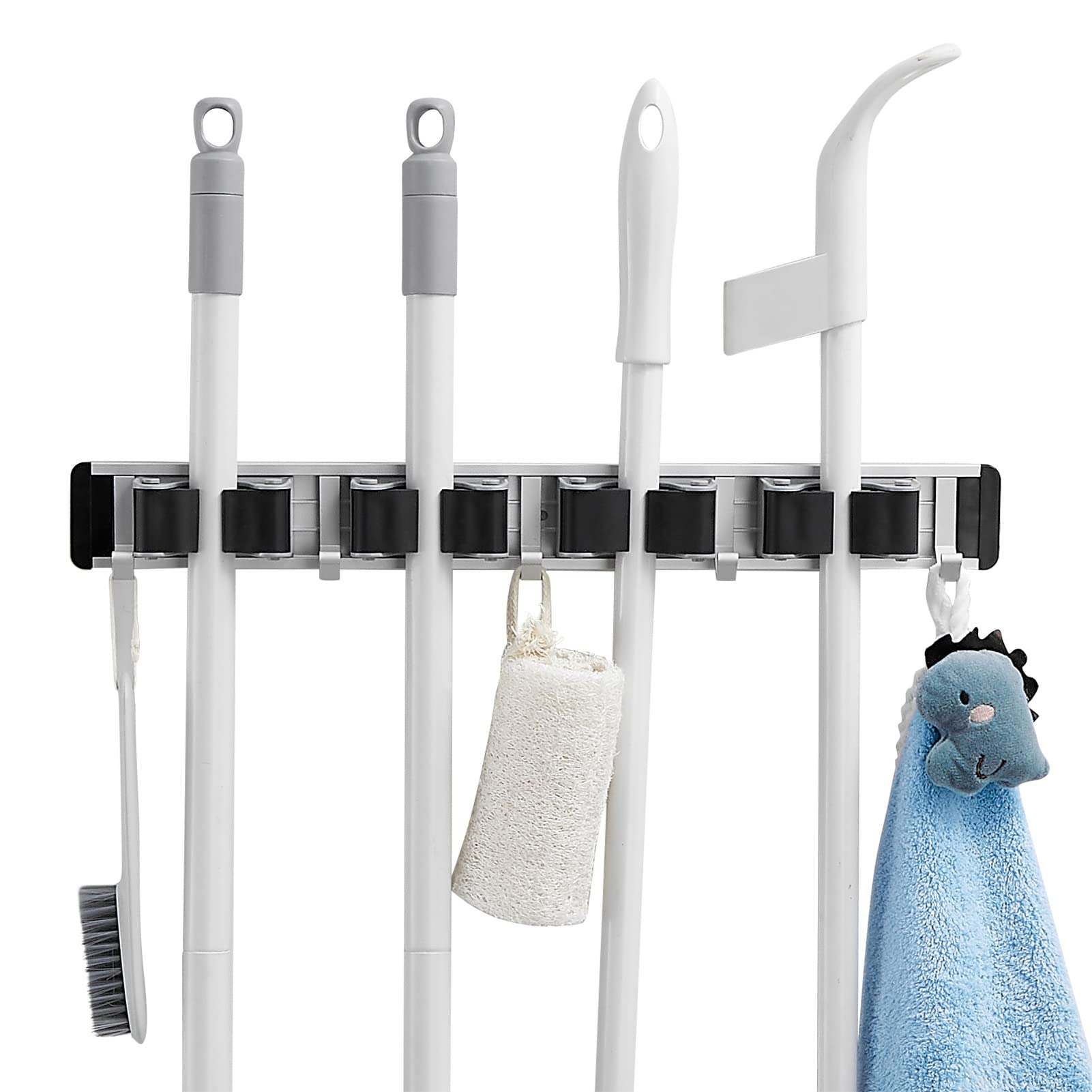 Wall Mount Mop and Broom Holder - 4 Position Garden Tool Organizer with 5 Hooks for Closet, Kitchen, Garage Storage & Home Organization (Black) - Perfect for Small Space Saving & Household Cleaning Tools Storage