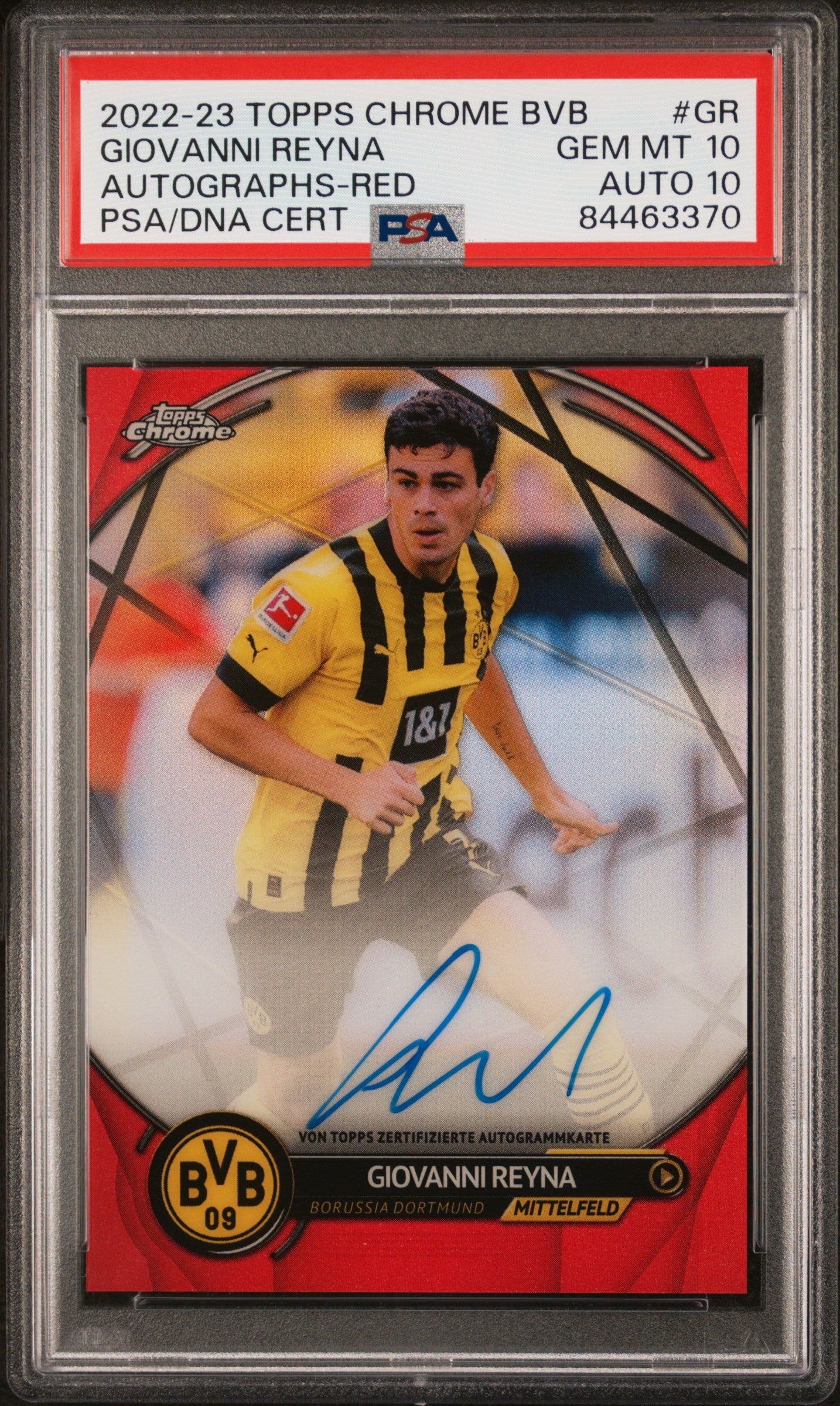 Topps Giovanni Reyna Red On Card Autograph /5 Chrome BVB 2022-23 PSA 10 Graded Soccer Trading Card - Perfect for Collectors, Fans & Investment