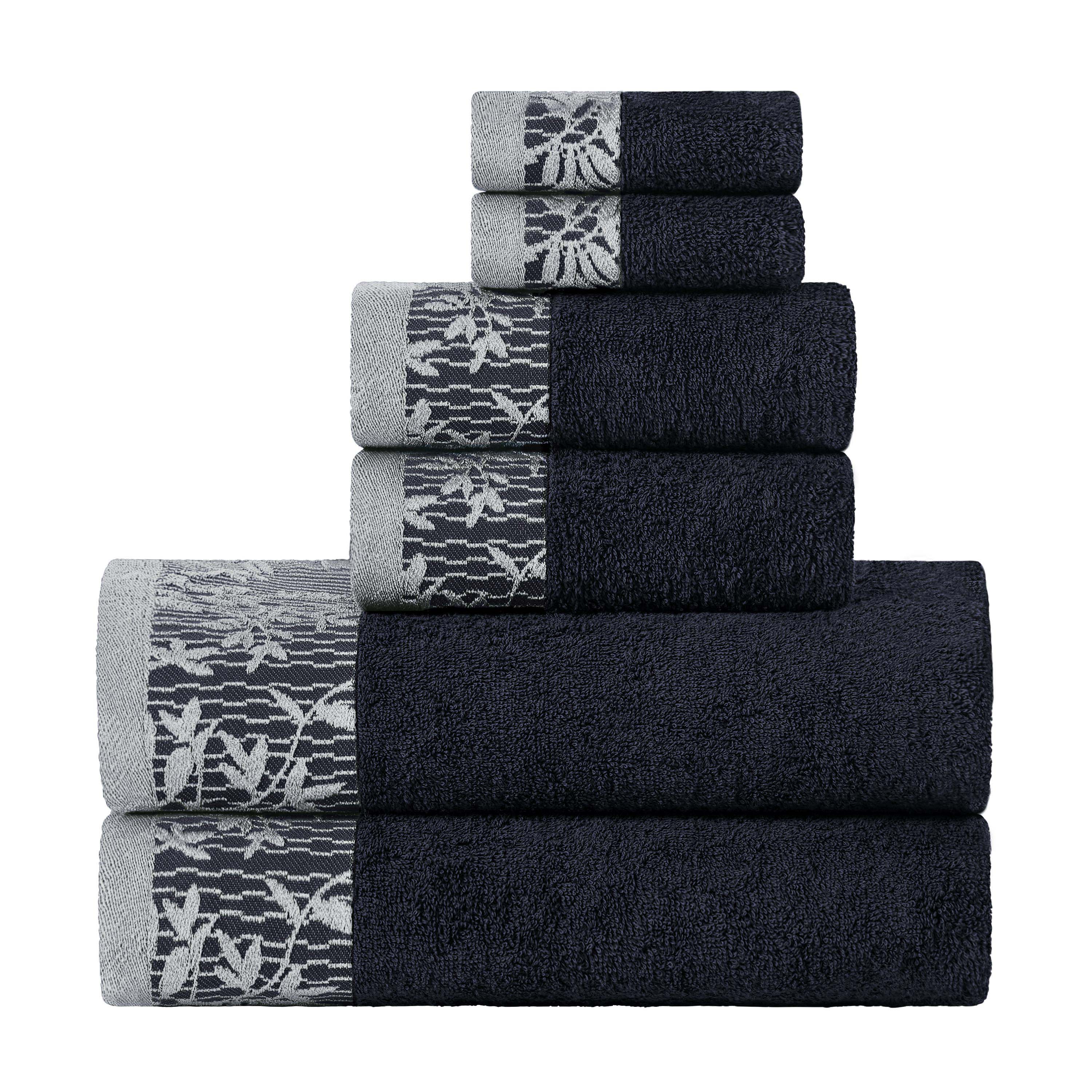 Wisteria Cotton Floral Embroidered Jacquard Border 6-Piece Bath Towel Set - Soft & Absorbent for Spa, Bathroom & Guest Use