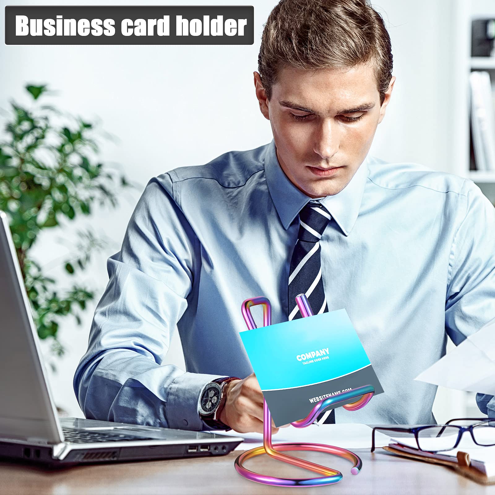 2 Pack Metal Business Card Holder & Phone Stand - Elegant Line Design Desk Organizer for Office, ID Cards, and Name Plates | Perfect for Professional Workspaces and Home Offices
