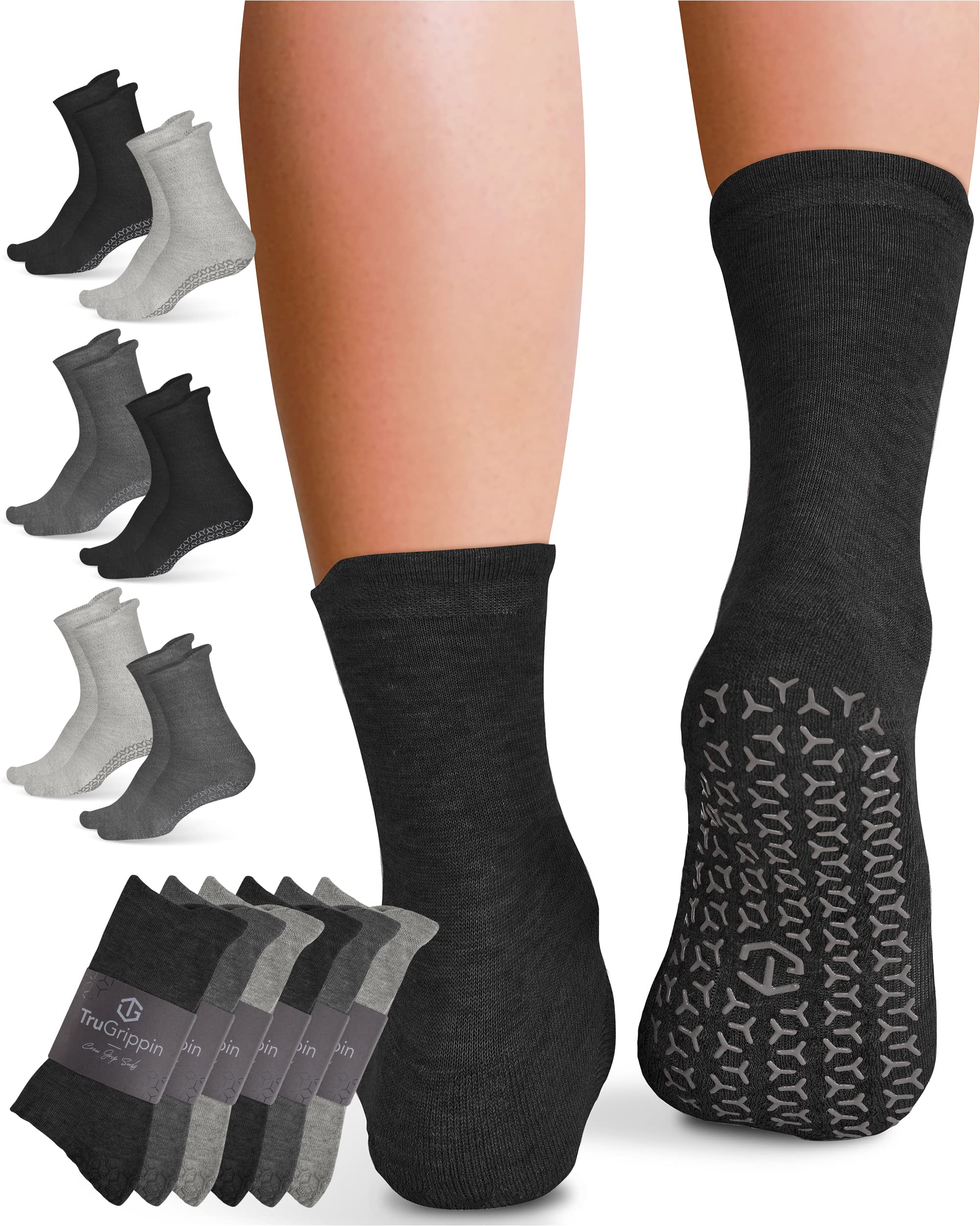TruGrippin Non-Slip Socks for Women - 6 Pairs Anti-Skid Grip Socks with Traction | Perfect for Yoga, Pilates, Hospital & Home Use