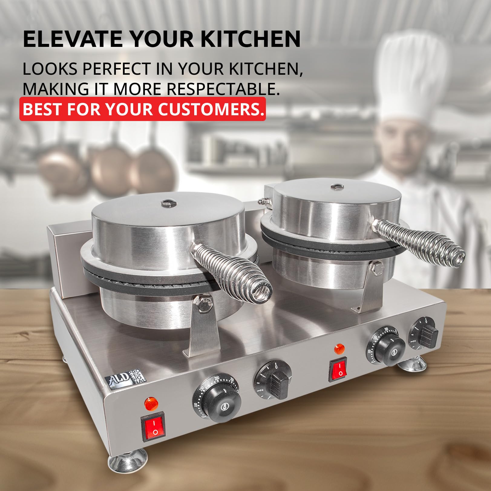 ALDKitchen Stainless Steel Waffle Cone Maker - 2 Head Electric Ice Cream Cone Maker for Homemade Waffle Cones | Perfect for Parties, Dessert Shops & Home Baking
