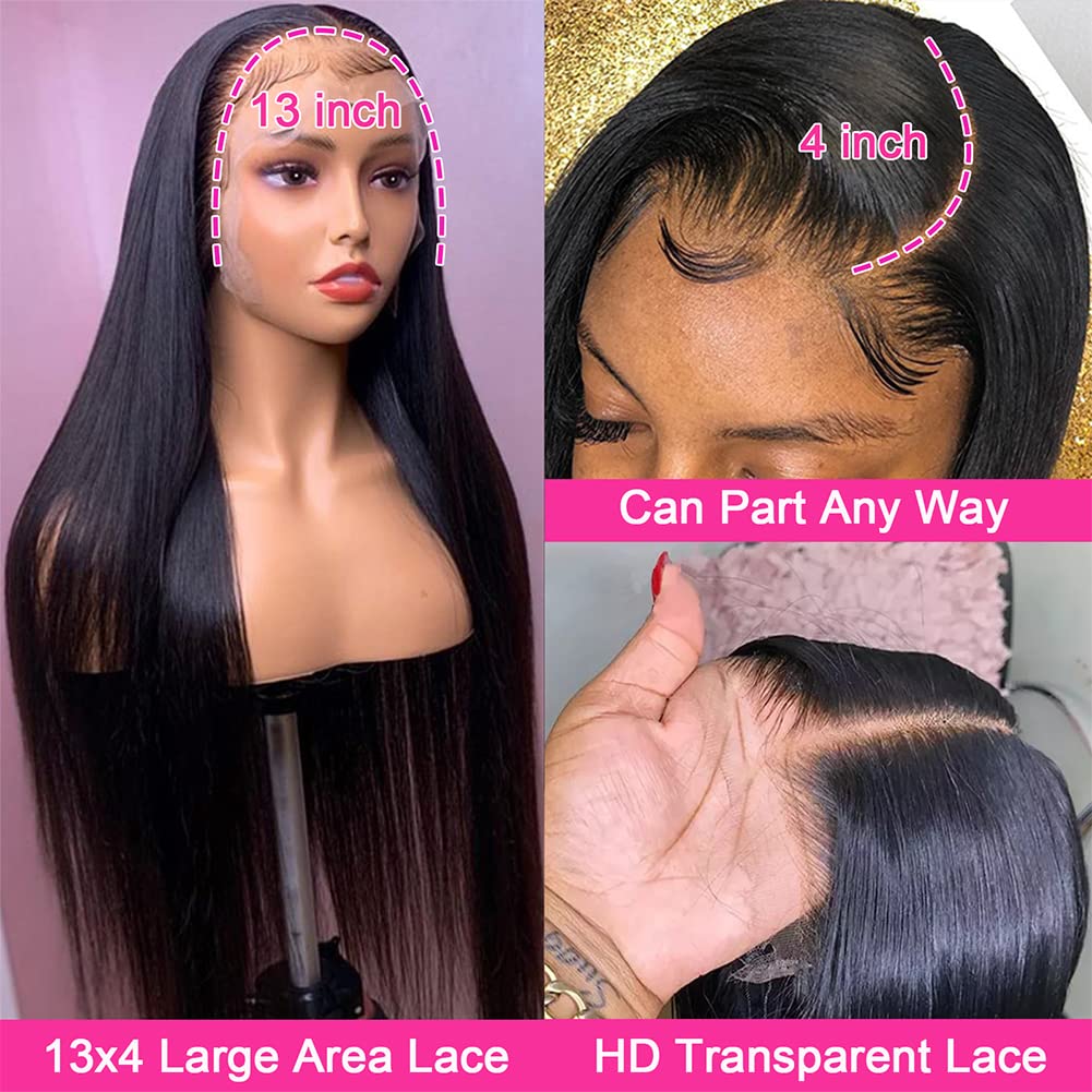 13x4 HD Lace Front Human Hair Wigs - Pre Plucked Glueless Straight Lace Frontal Wig 180% Density with Baby Hair Bleached Knots | Perfect for Daily Wear, Cosplay & Special Occasions