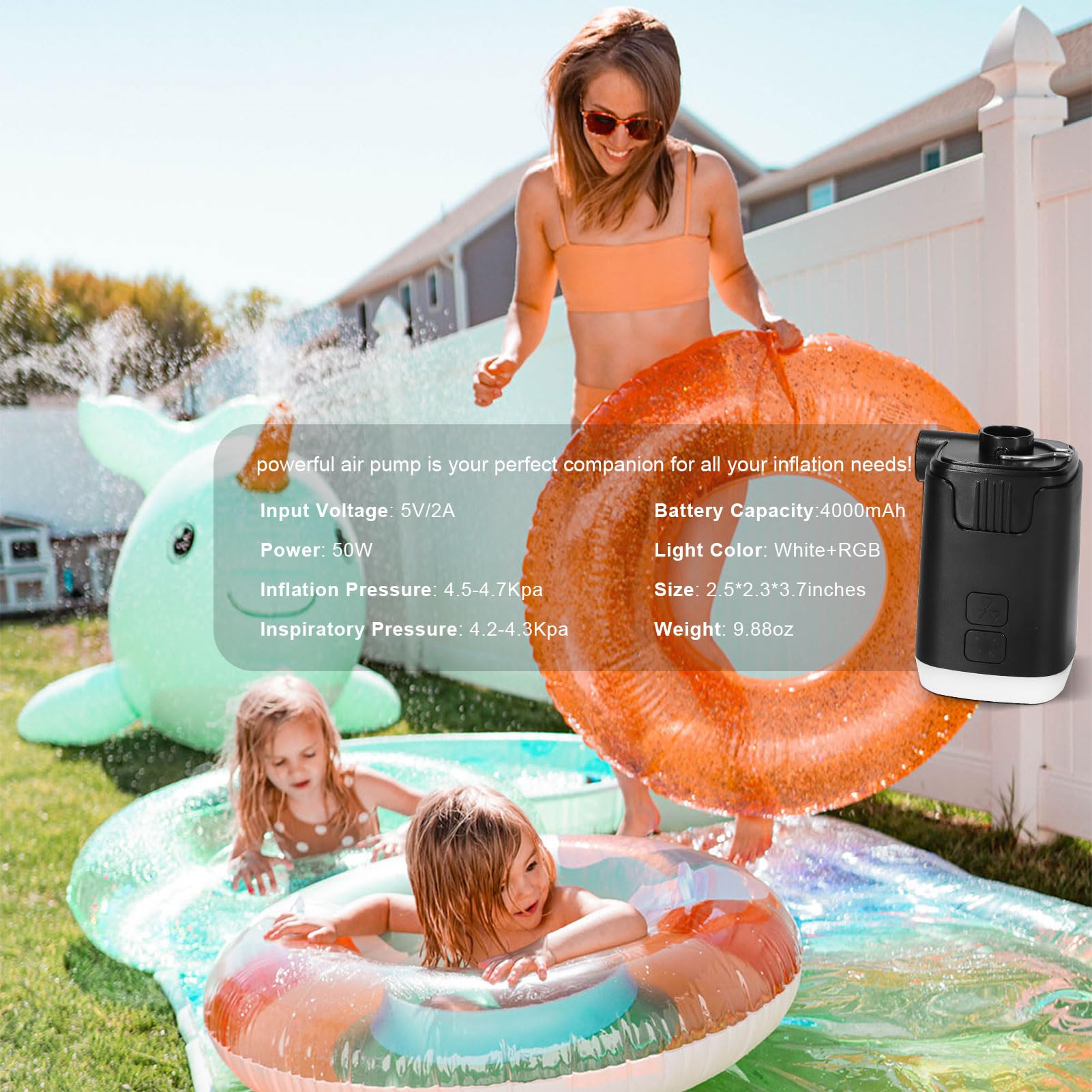 Portable Air Pump 4.5Kpa - Mini Rechargeable Electric Pump for Inflatable Mattress, Boat, Pool Floats & Vacuum Bags - 4000mAh Battery with LED Light - Fast Inflation & Deflation - Perfect for Camping, Travel & Home Storage