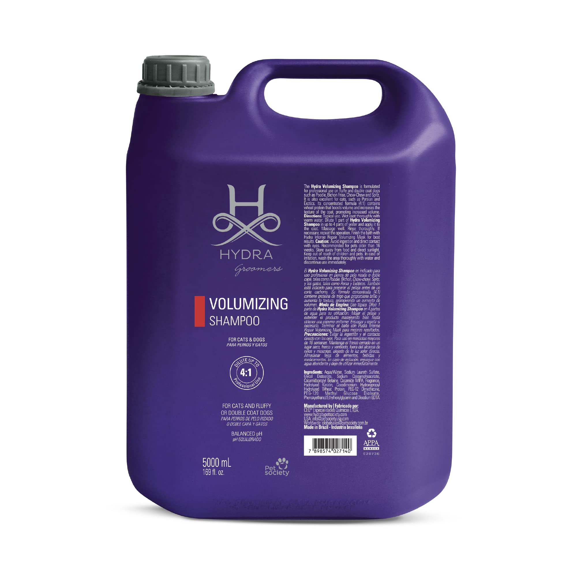 Hydra Volumizing Pet Shampoo for Dogs & Cats - 169 Fl Oz Moisturizing & Detangling Formula - Perfect for Bathing, Grooming & Styling Your Furry Friends