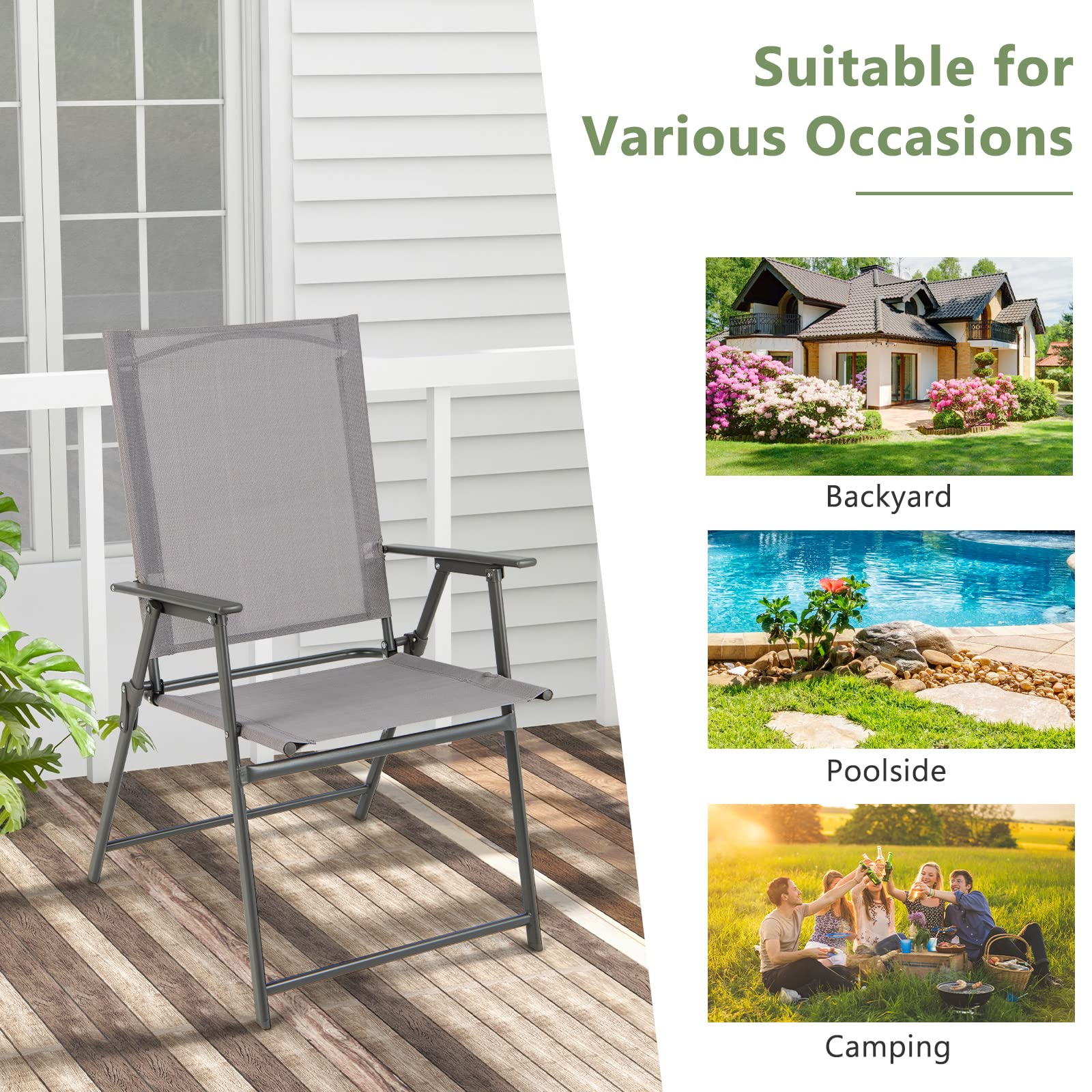 Giantex 4-Pack Folding Patio Chairs Set - Rustproof Metal Frame Outdoor Lawn Chairs for Porch, Deck, Garden, Backyard & Camping - Portable Dining Chairs (Gray) - Perfect for Outdoor Gatherings, BBQs, Picnics and Beach Trips