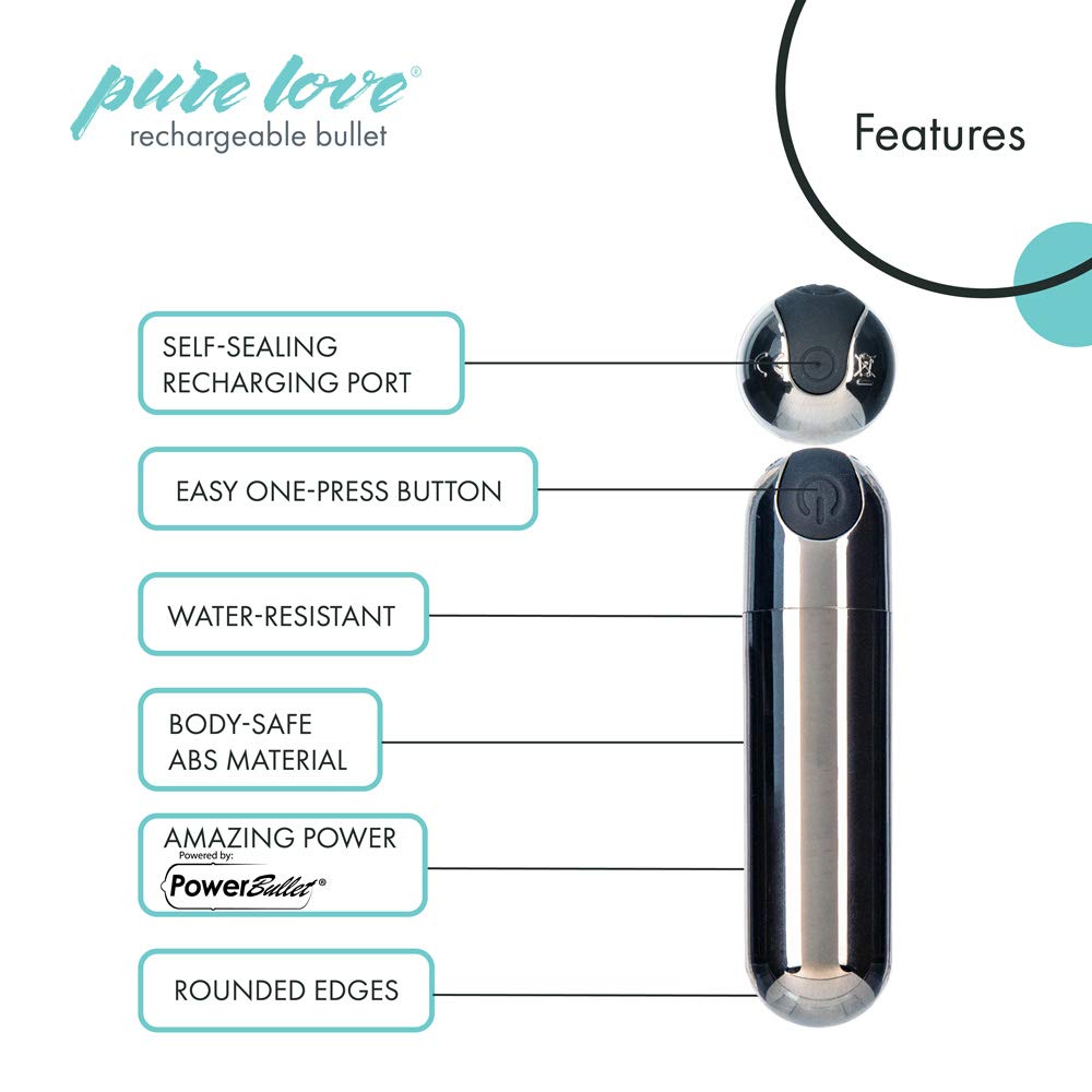 Pure Love Rechargeable Waterproof Bullet Vibrator - 3 Inch Smoky Silver Adult Sex Toy for Women - Perfect for Solo Play & Couples Intimacy