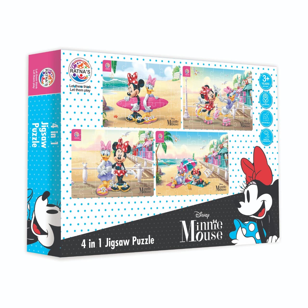 Ratna's 4-in-1 Disney Jigsaw Puzzle Set - 140 Pieces (4x35pc) Featuring Minnie Mouse & Daisy - Educational Kids Puzzle for Family Game Night & Birthday Gifts