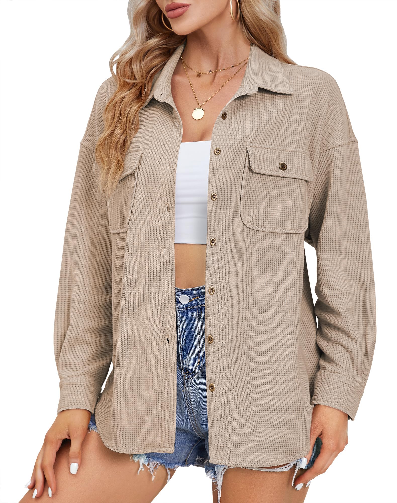 Fengbay Women's Waffle Knit Shacket - Long Sleeve Button Down Shirt Blouse for Casual & Dressy Outfits | Perfect for Fall Layering, Office Wear & Weekend Brunch