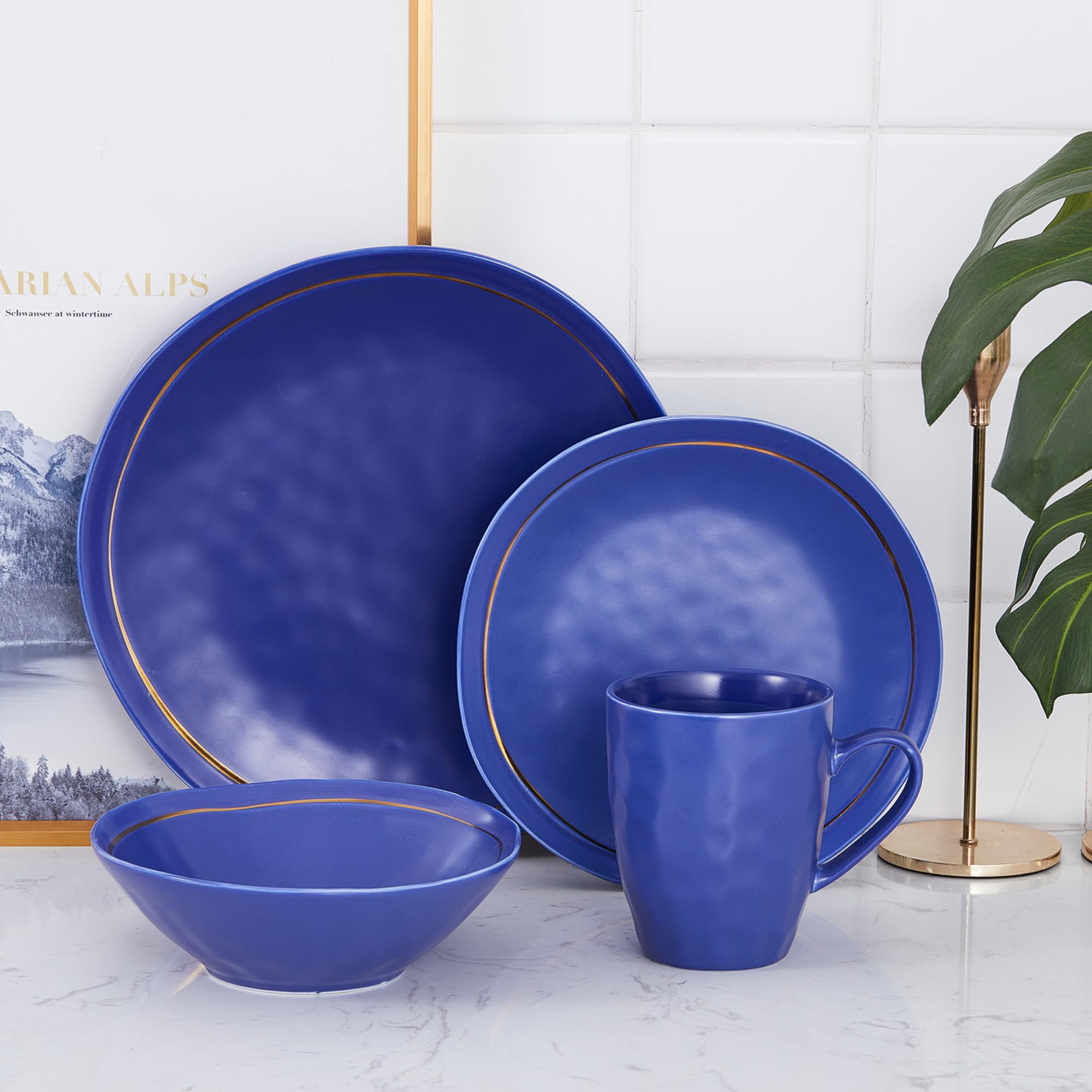 Stone Lain Clara 16-Piece Porcelain Dinnerware Set in Blue - Elegant Tableware for Everyday Dining, Dinner Parties & Special Occasions