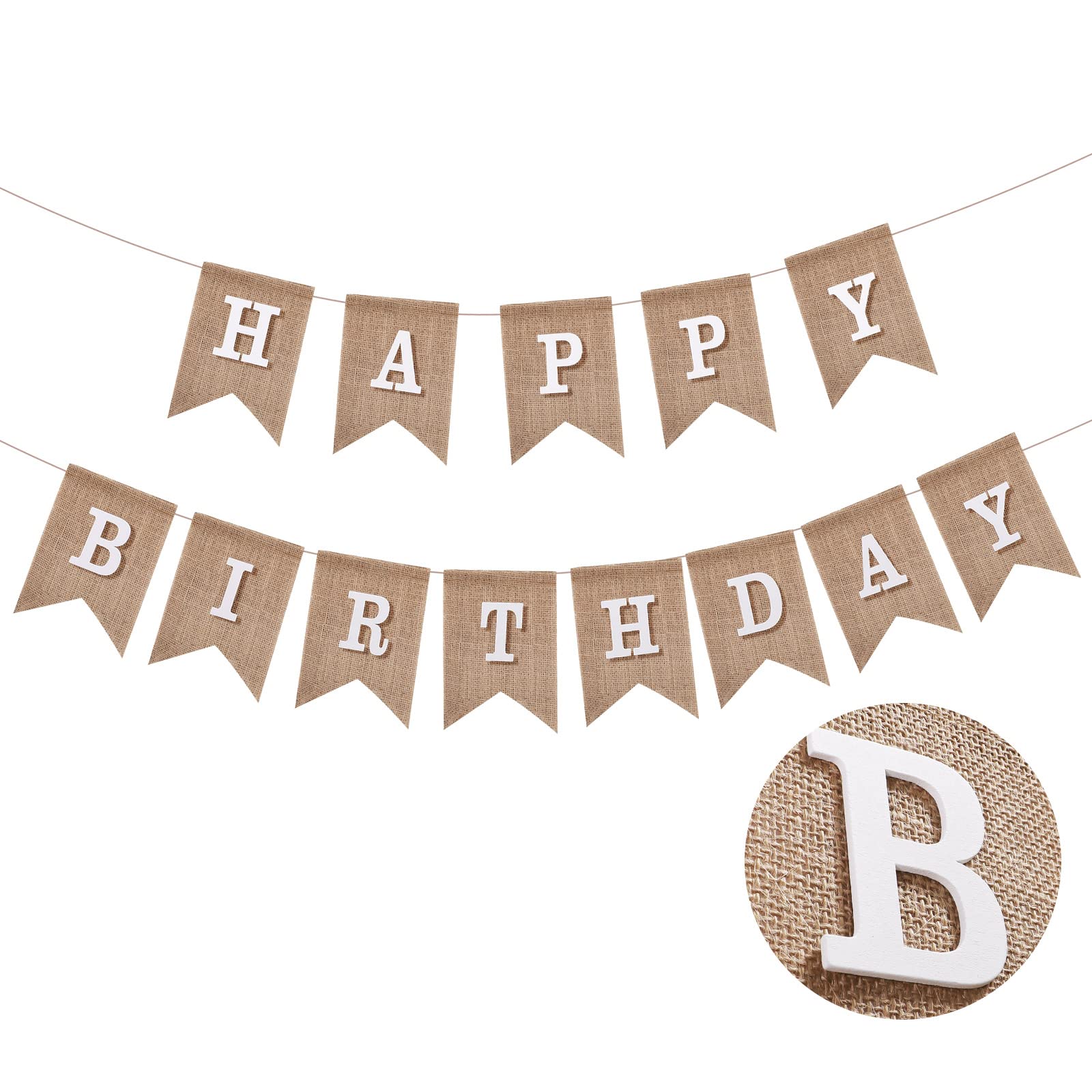 Rustic Burlap Happy Birthday Banner - Brown Garland Flags with White Alphabet Letters - Swallowtail Bunting for Men & Women - Perfect for Farmhouse, Outdoor, and Vintage Themed Parties