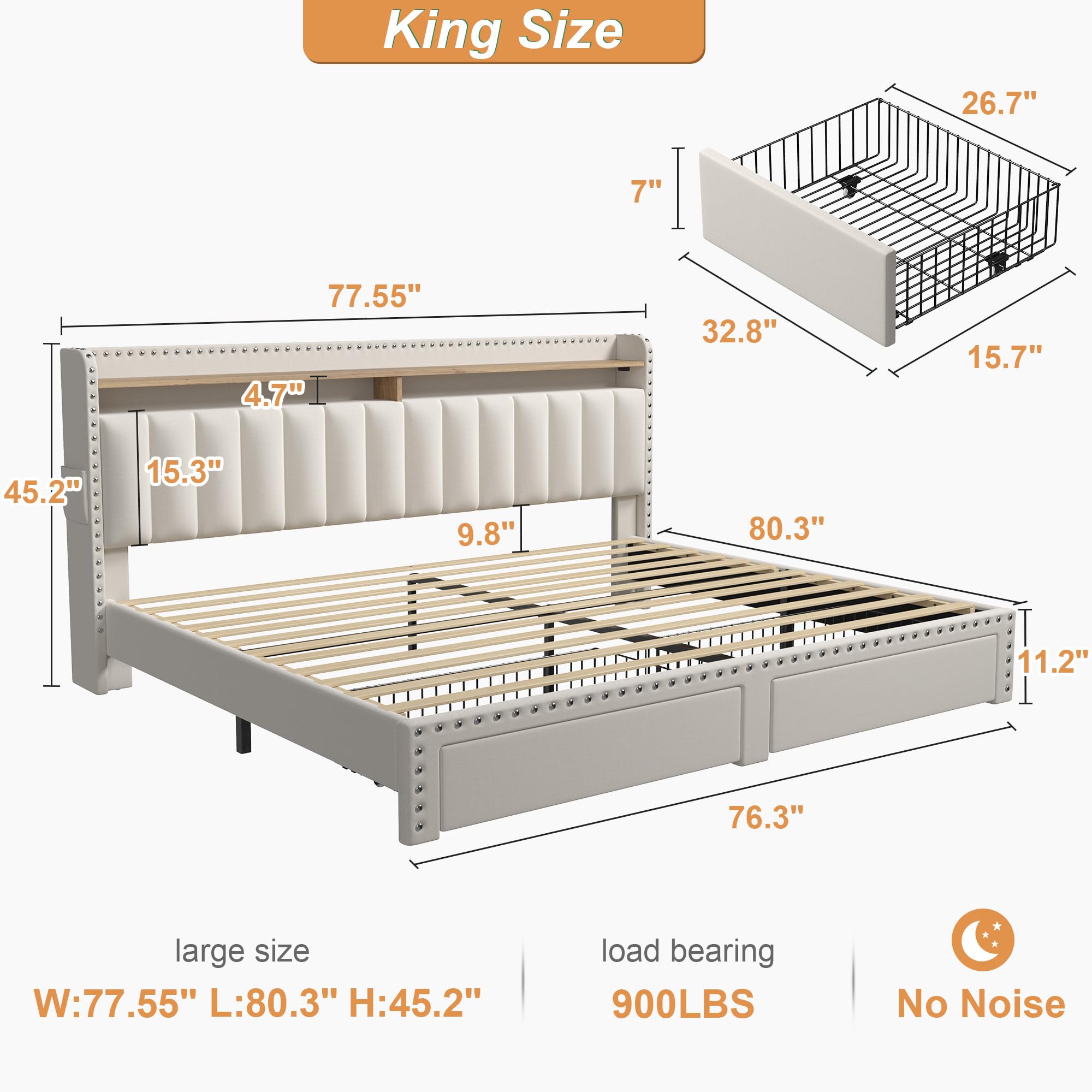 EnHomee King Size Bed Frame with 2-Tier Storage Headboard & 2 Drawers - Upholstered Platform Bed with Wooden Slats, No Box Spring Needed, Noise-Free - Perfect for Small Spaces & Modern Bedrooms (Beige)