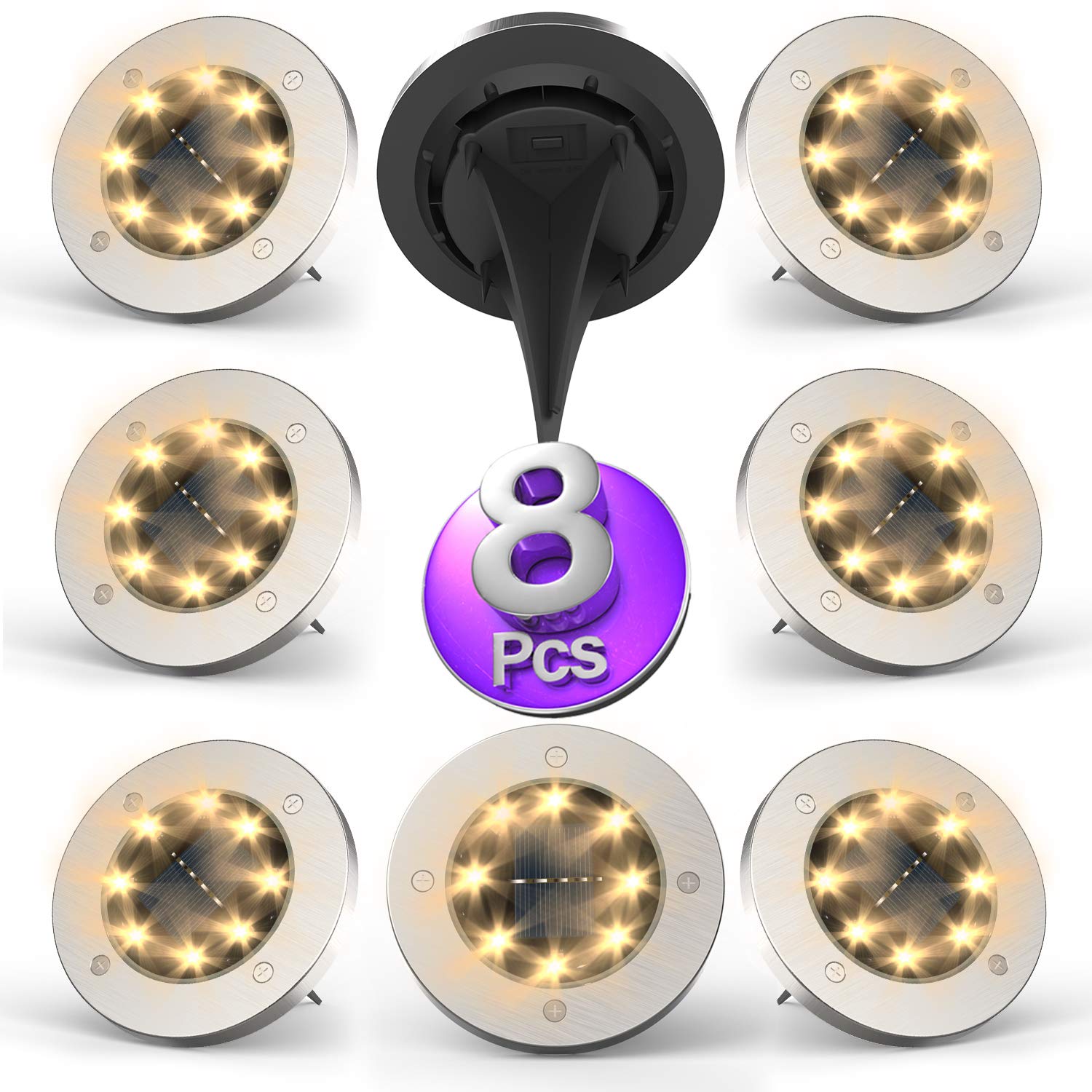 Solar Powered Outdoor Disk Lights - 8 LED Waterproof In-Ground Landscape Lighting for Walkway, Lawn, Steps & Decks (Warm White) | Durable Solar Garden Lights for Pathway & Yard Decoration