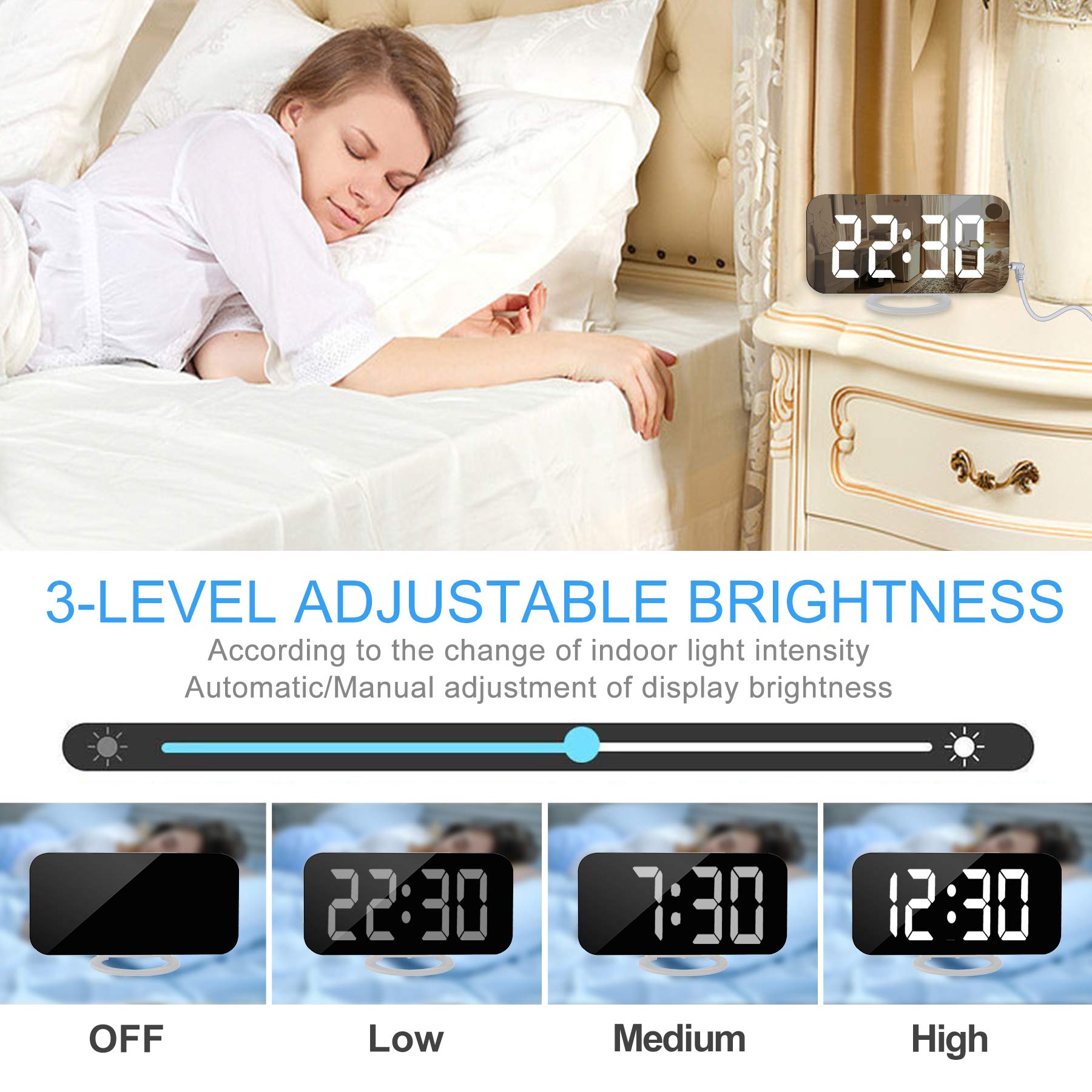 MOOGEE Digital Alarm Clock with Mirror & LED Display, 6.5
