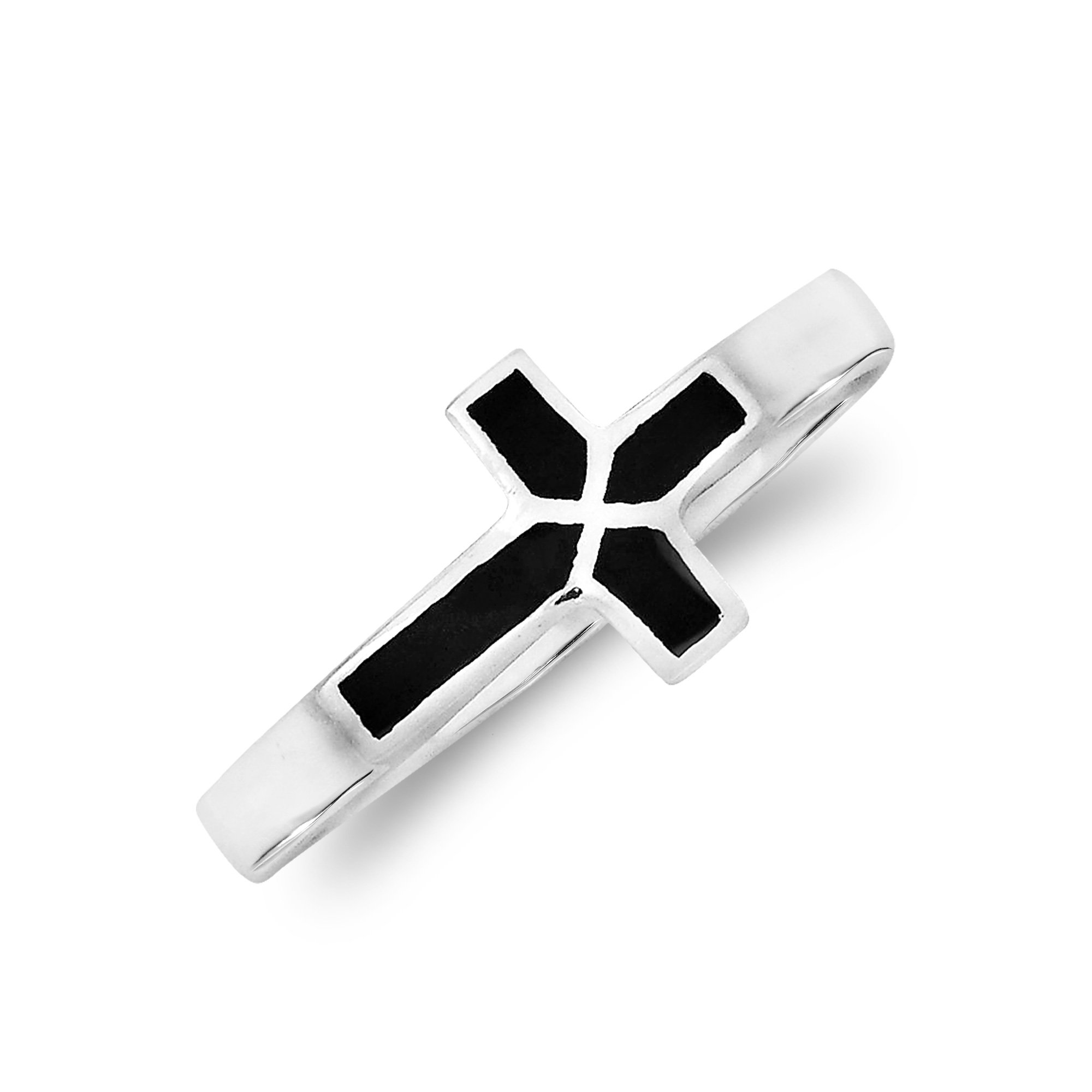 AeraVida Sideways Cross Simulated Black Onyx Inlay .925 Sterling Silver Ring for Women - Classic Wedding Band, Religious Jewelry, Comfort Fit Ring Sizes 6-9 | Perfect for Church, Daily Wear & Special Occasions