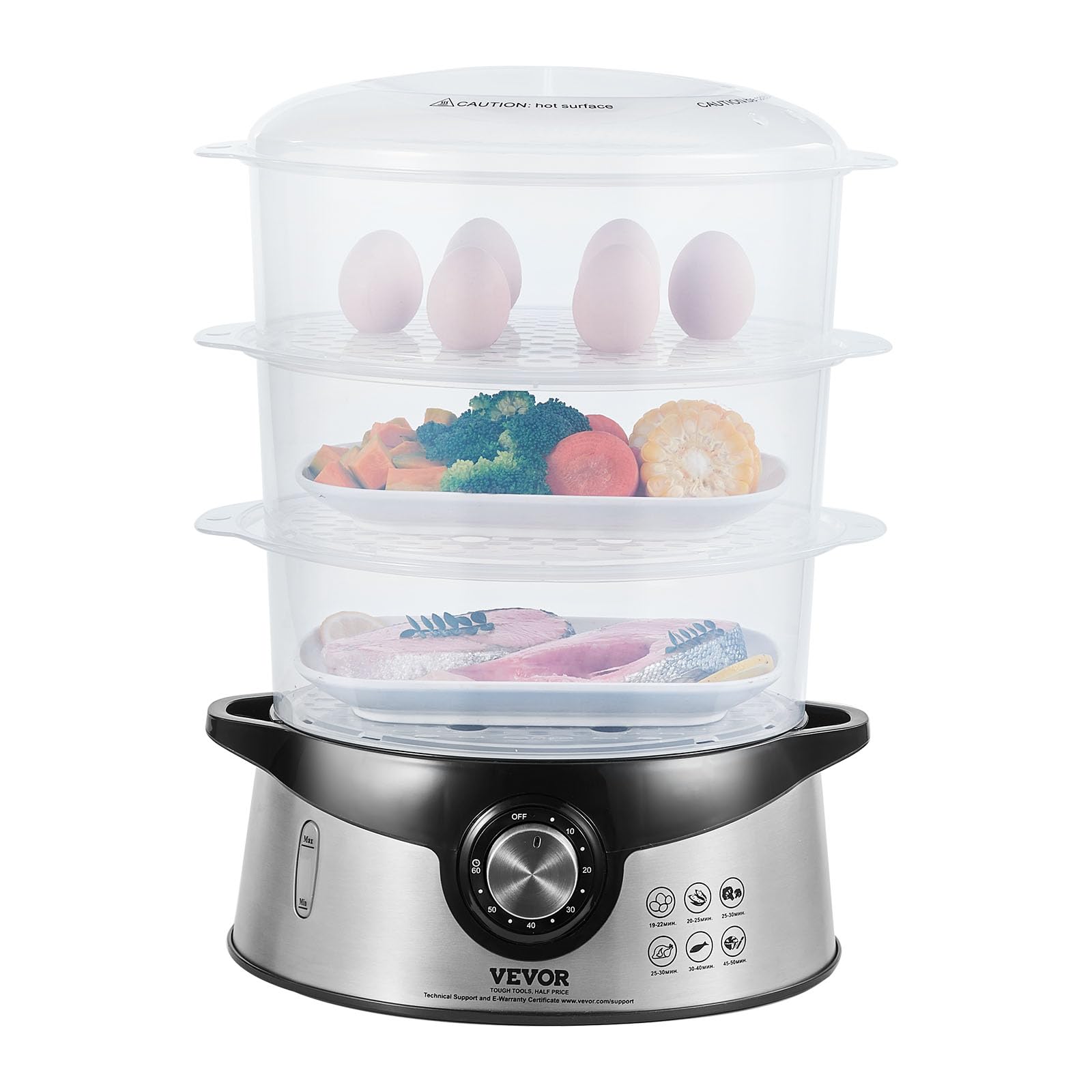 VEVOR 9.5Qt Electric Food Steamer with 3-Tier Stackable Trays - 800W Vegetable & Meat Steamer with 60 Min Timer, Auto Shut-Off & Boil Dry Protection - Perfect for Healthy Cooking, Meal Prep & Large Families