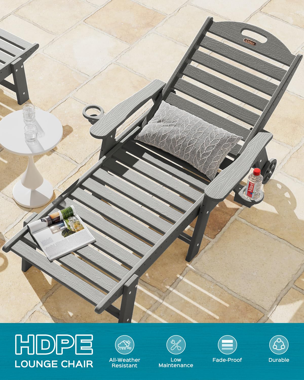 Adjustable 5-Position Outdoor Chaise Lounge Chair with Wheels & Double Cup Holders - Wood Texture Patio Poolside Lounger for Backyard, Deck, Beach - Grey | Perfect for Sunbathing, Relaxing by the Pool or Garden