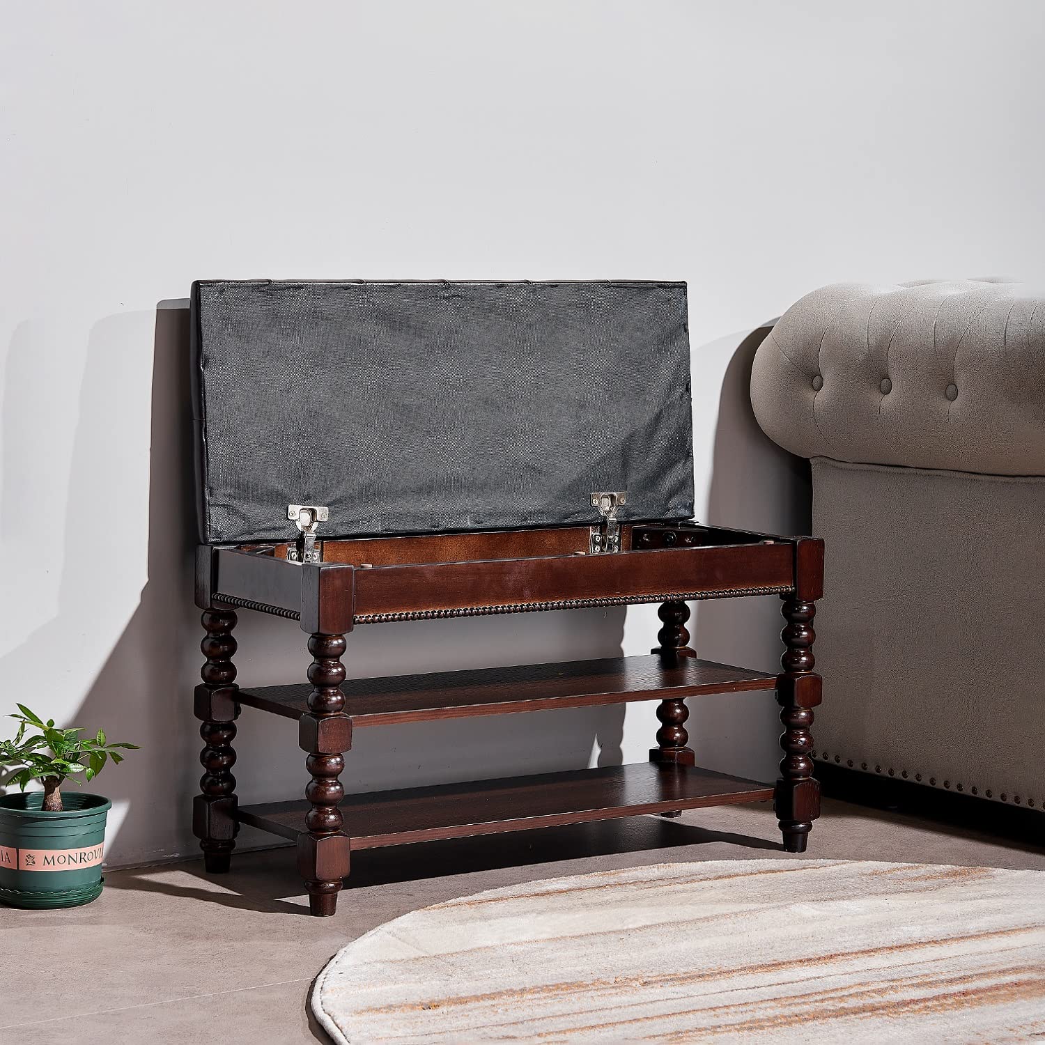 2-Tier Shoe Storage Bench with Lift-Top Organizer & Leather Seat - 39.4