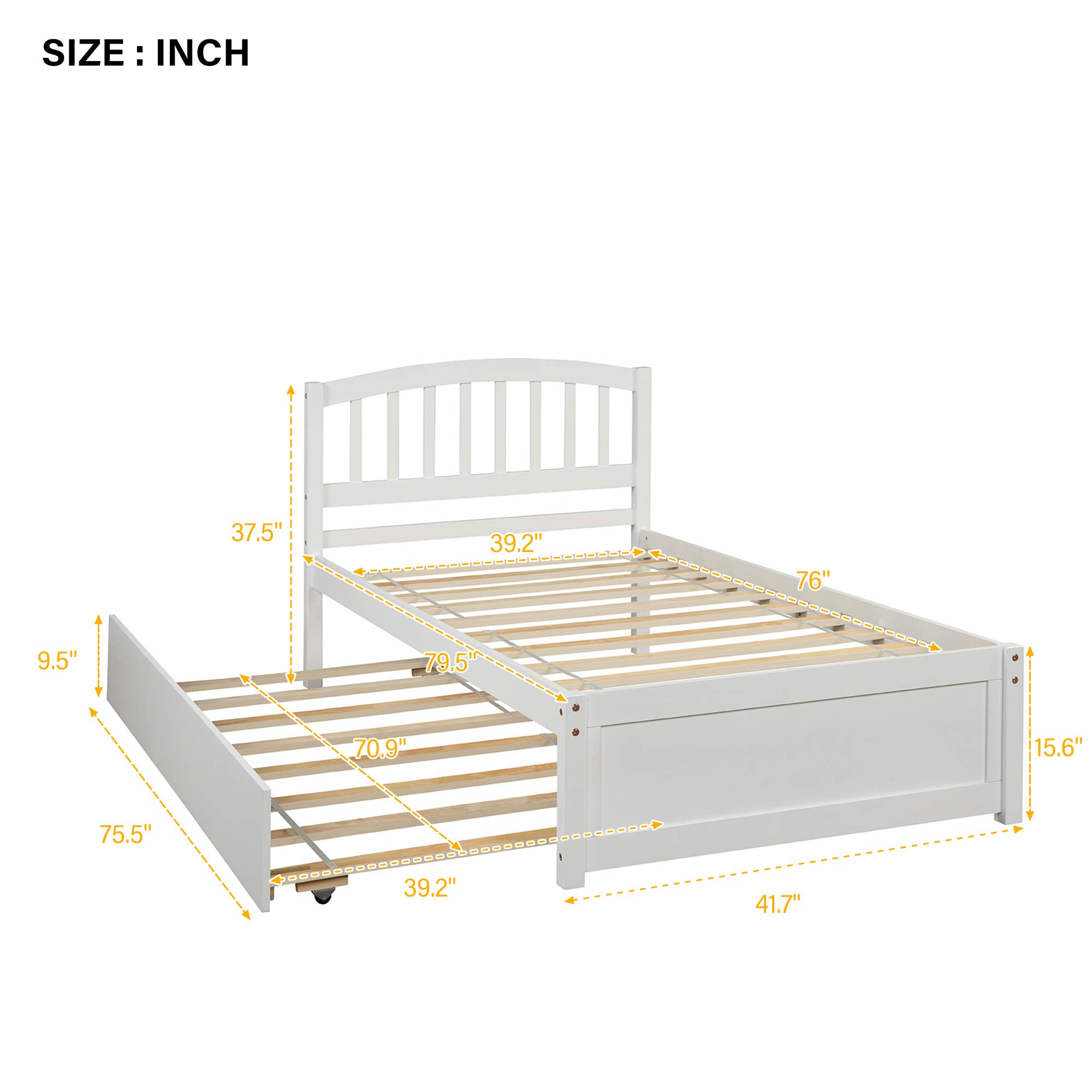 SOFTSEA Twin/Single Bed Frame with Trundle - Solid Wood Platform Bed with Headboard for Kids & Teens - White - Perfect for Small Bedrooms, Guest Rooms & Kids' Rooms