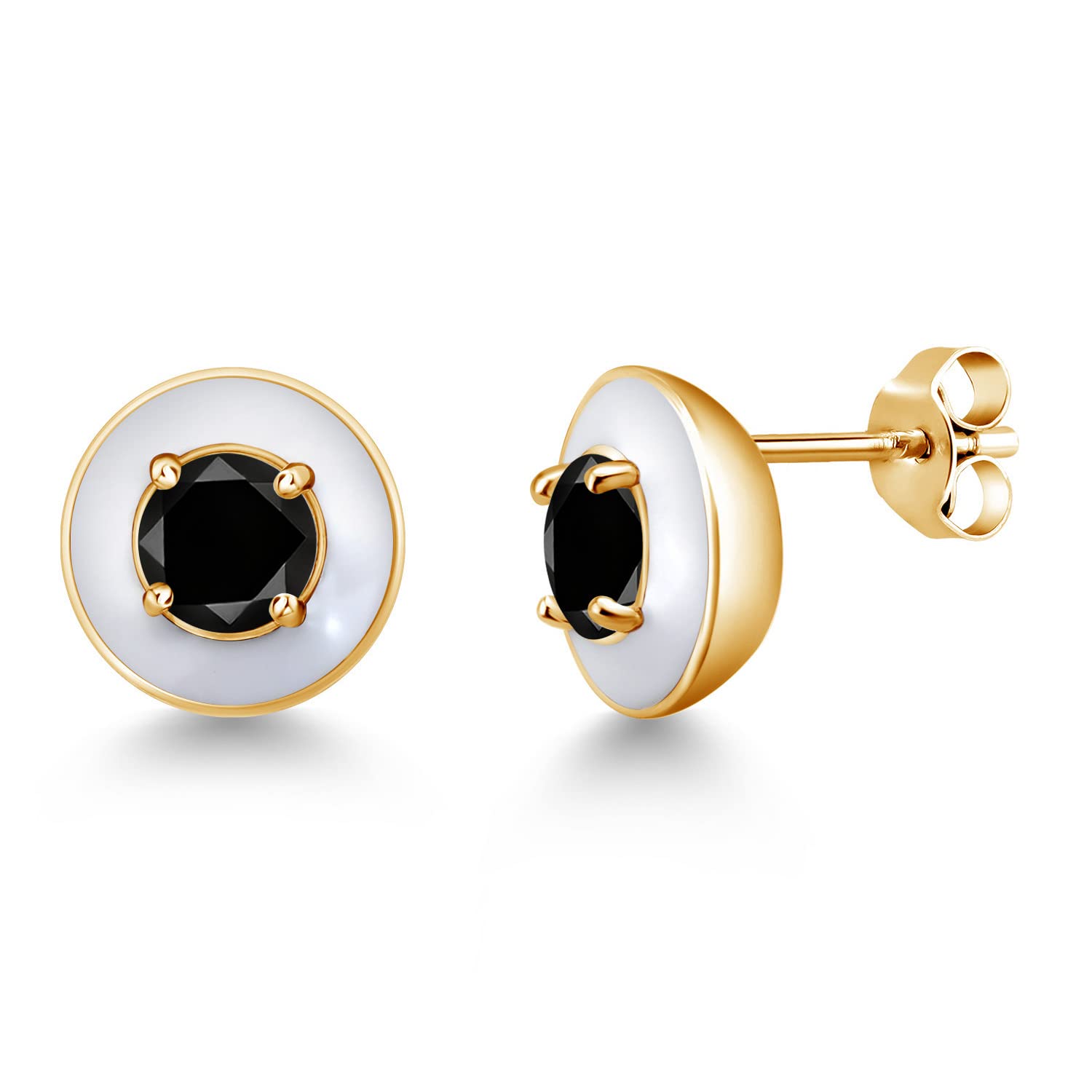 1.10 Ct Round Black AAA Diamond Stud Earrings for Women & Men – 18K Yellow Gold Plated Silver with White Enamel | Luxury Gemstone Jewelry for Parties, Weddings & Gifts