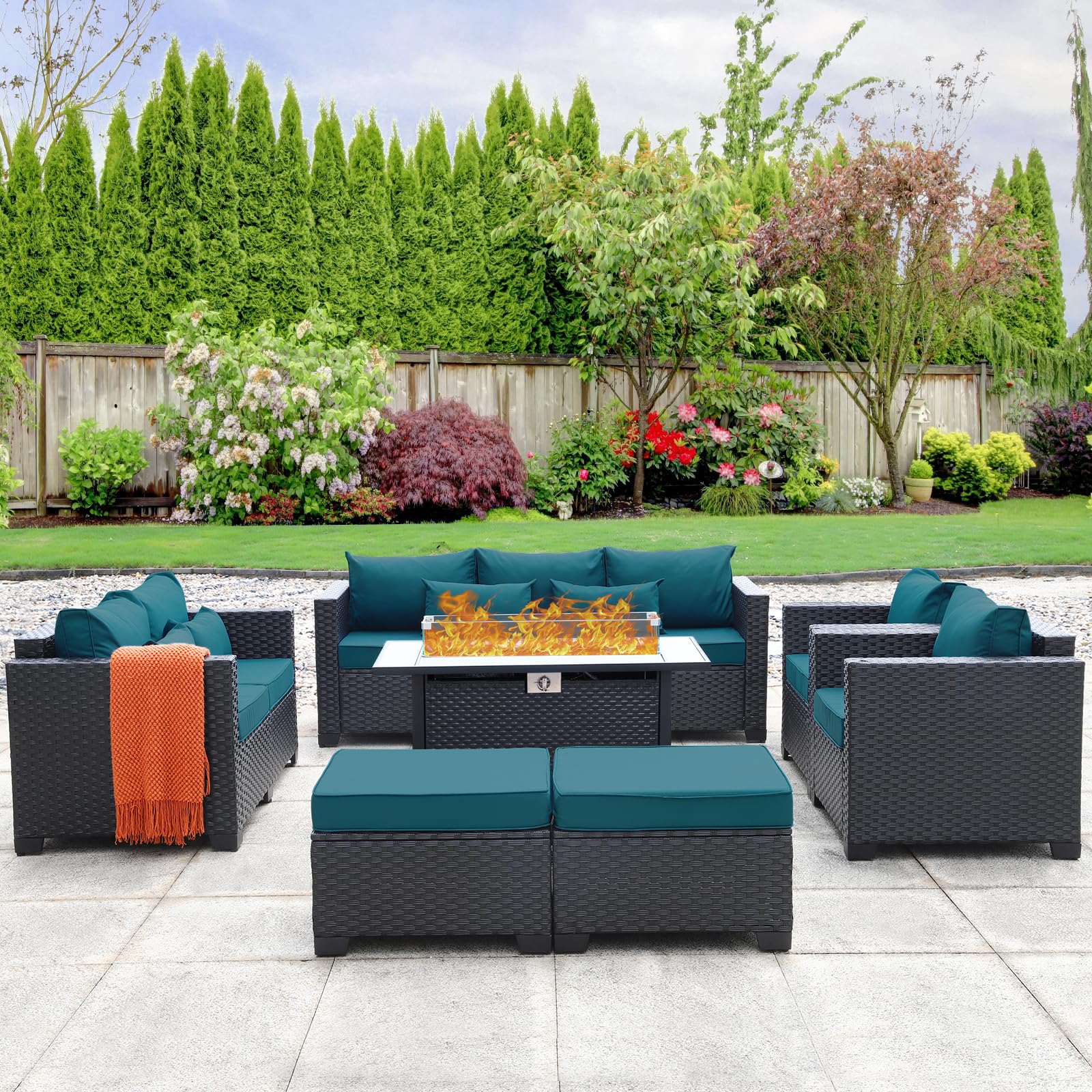 **45-Inch Outdoor Fire Pit Table with 7-Piece Patio Furniture Set - 60,000 BTU Propane Fire Pit, Peacock Blue - Includes No-Slip Cushions & Waterproof Covers - Perfect for Backyard, Garden, and Poolside Gatherings**