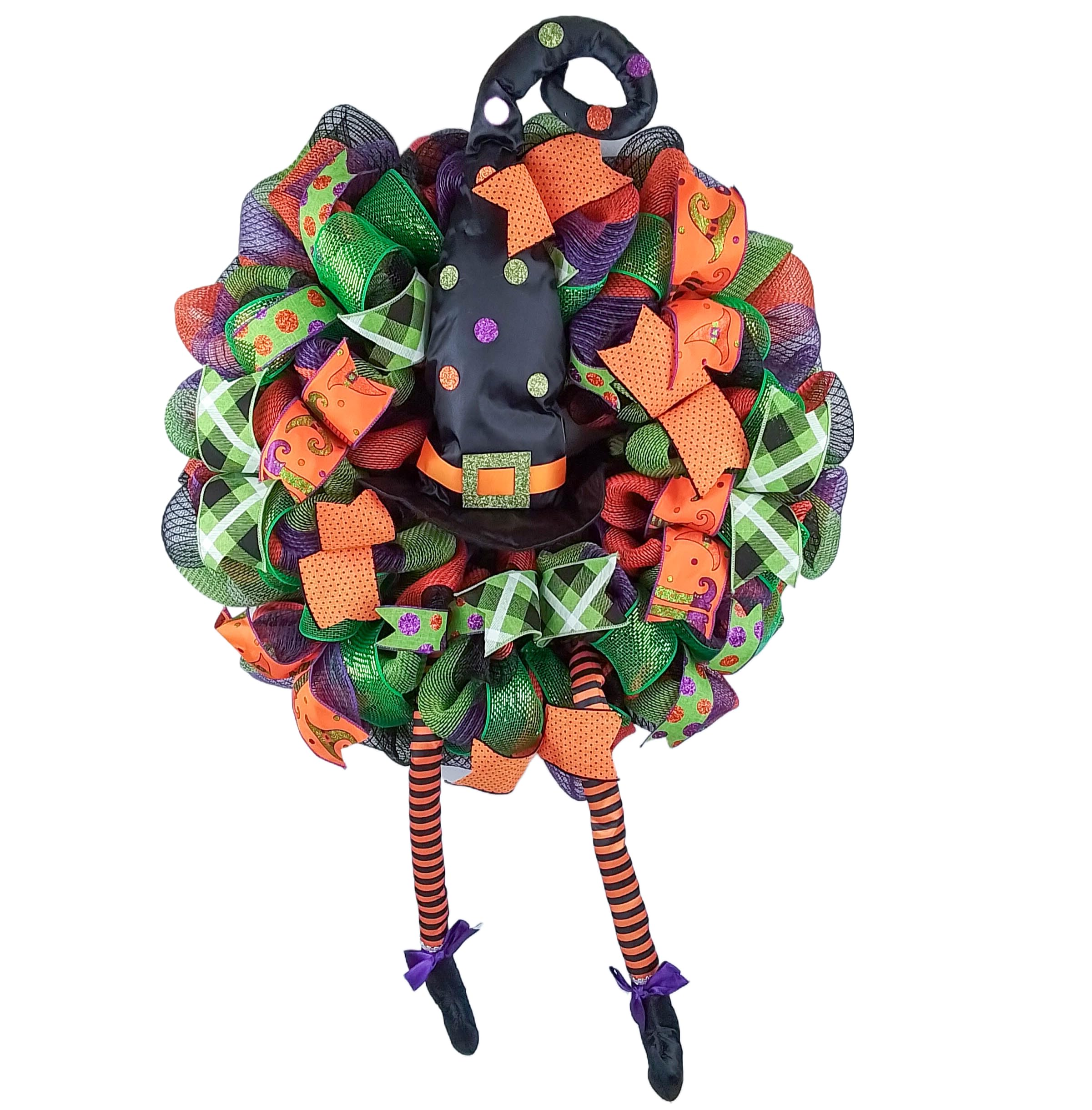 Halloween Witch Wreath with Hat & Legs - Lime Green, Black & Orange Mesh Welcome Door Decor for Spooky Front Porch | Perfect for Halloween Party Decorations & Haunted House Entrance
