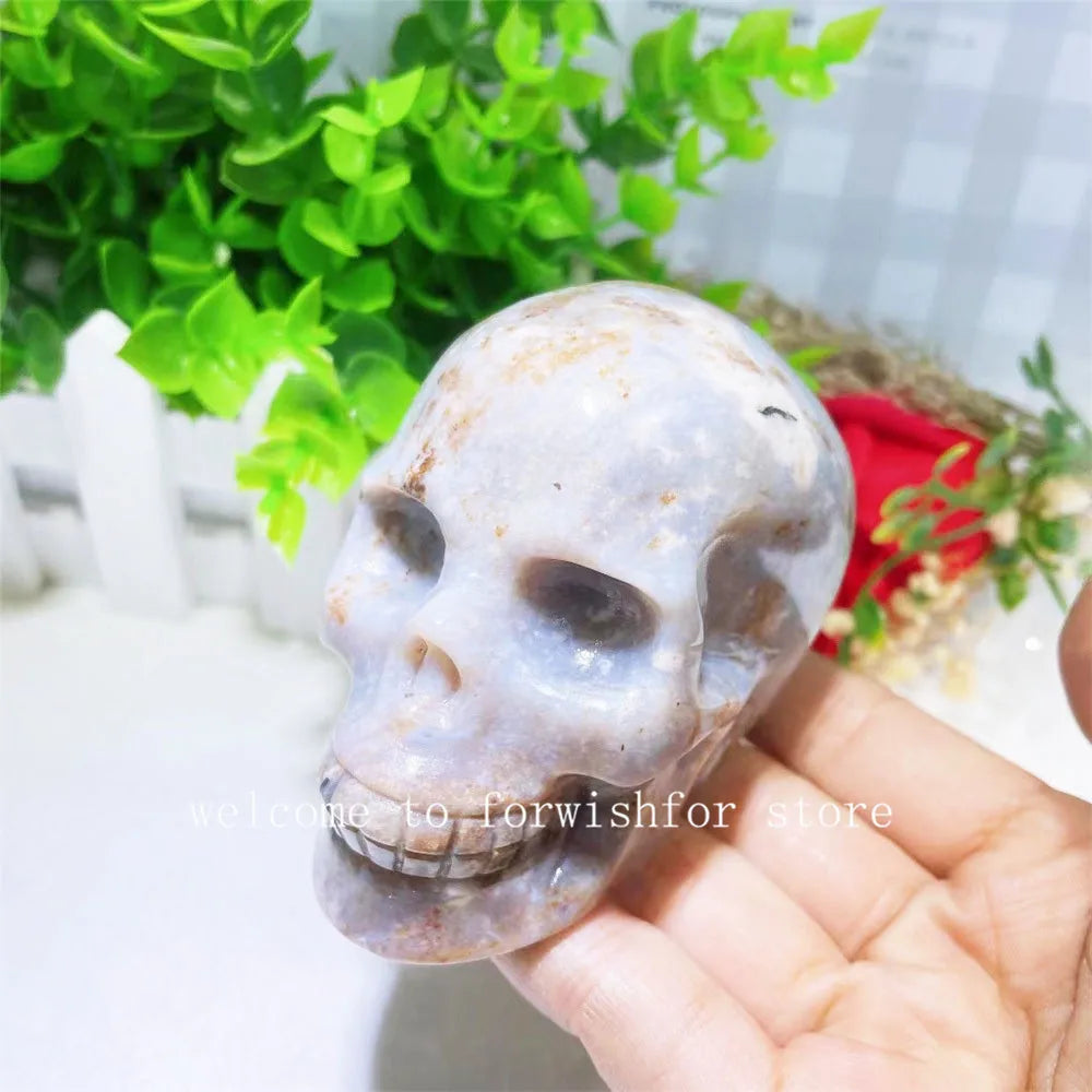 Natural Gem Marine Agate Carved Skull Statue - Handcrafted Home & Office Decor, Unique Halloween Gift & Spiritual Collection - Perfect for Meditation Spaces, Gothic Decor & Witchy Altars