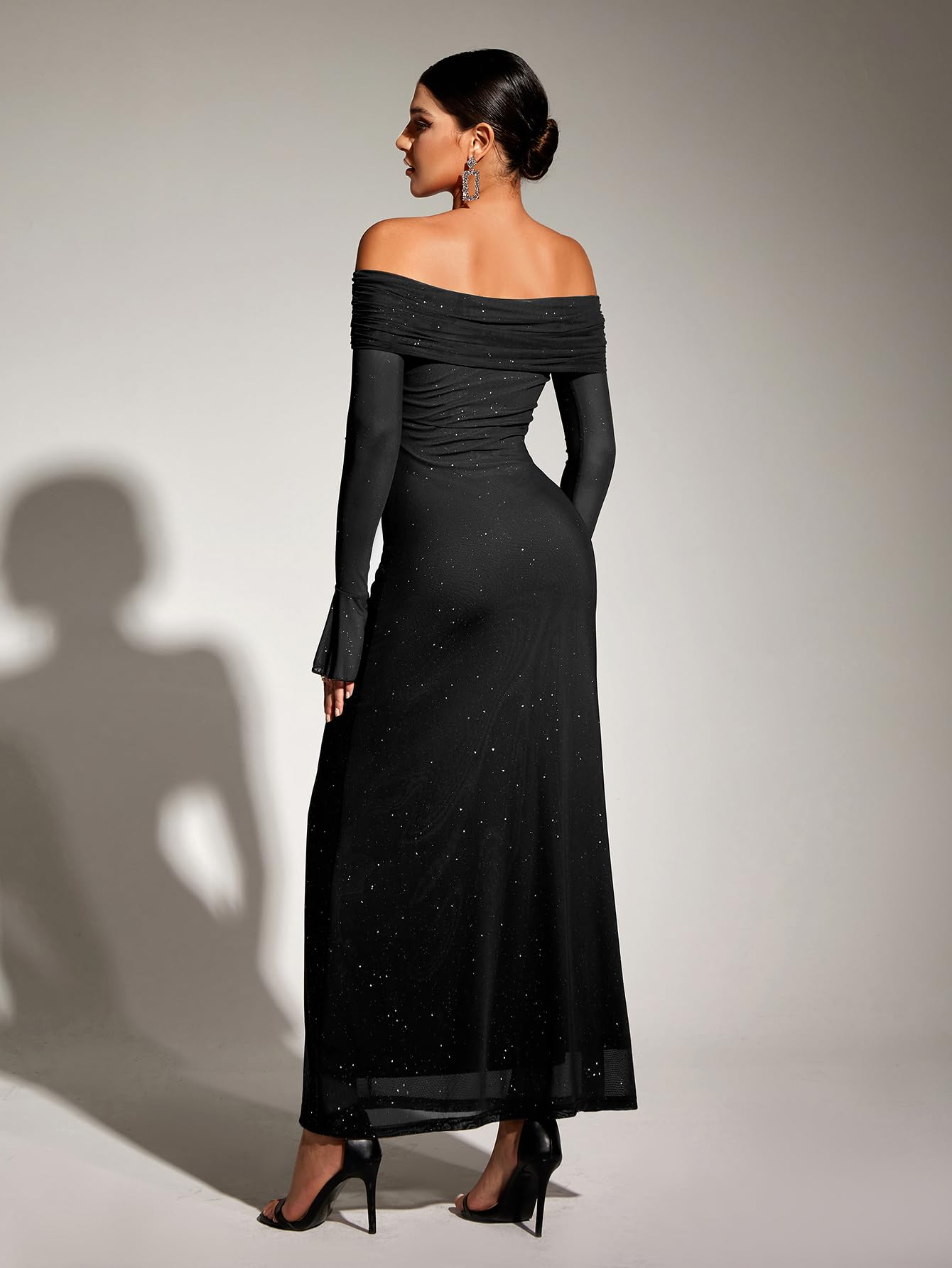 KUTUMAI Women's Off Shoulder Bodycon Maxi Dress - Long Sleeve Mesh Ruched Party Gown for Wedding Guest, Cocktail, Evening & Formal Events