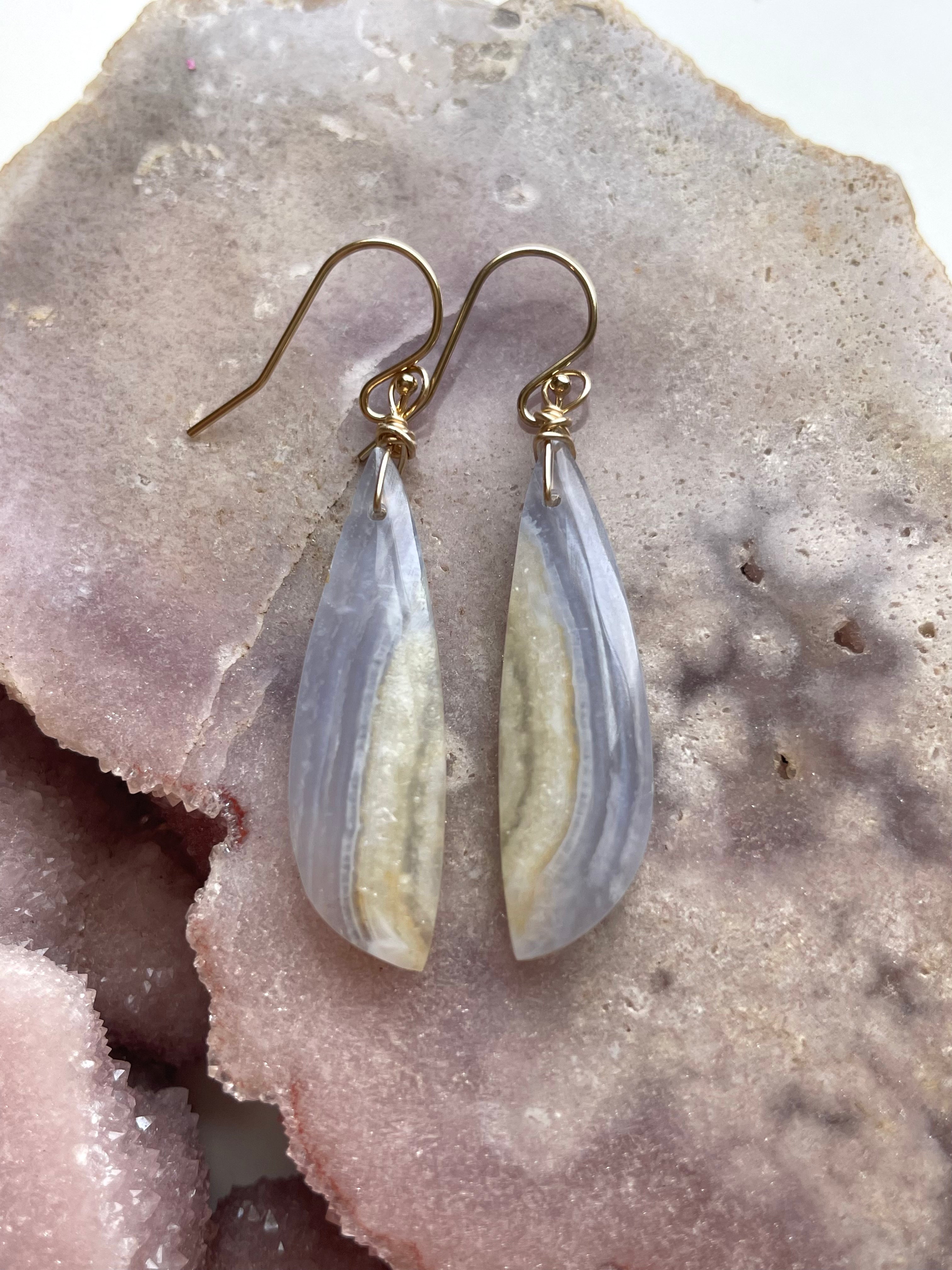 Blue Lace Agate Earrings - 14K Gold Filled Dangle Earrings for Women | Healing Crystal Jewelry Gift for Birthday, Wedding & Everyday Wear