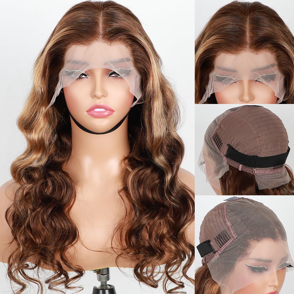V SHOW 13x6 Lace Front Wigs Human Hair - 28 Inch Body Wave Ombre Lace Frontal Wig with Pre Plucked Hairline & Baby Hair (180% Density, 4/27 Transparent Lace) | Perfect for Daily Wear, Parties & Special Occasions