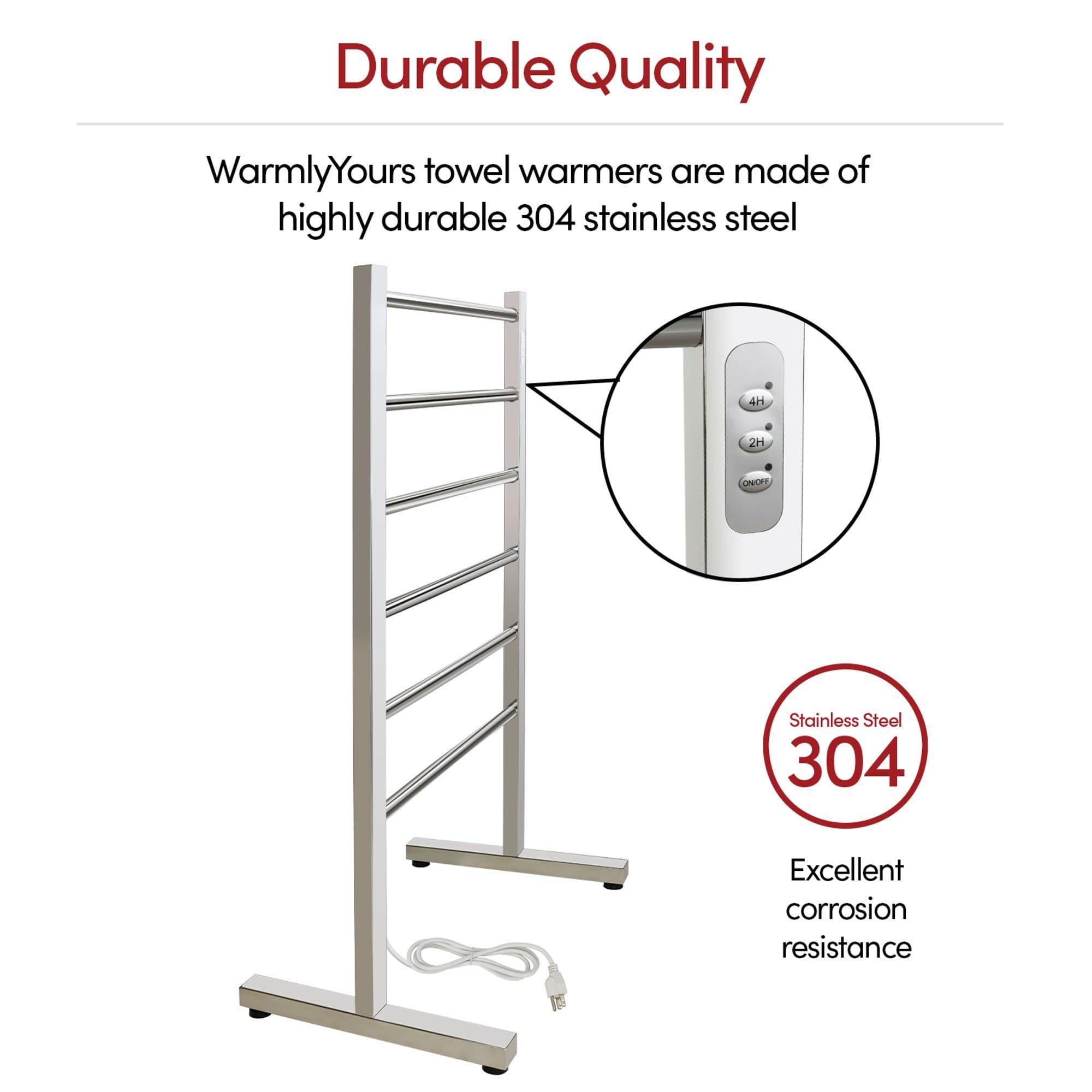 Freestanding 6-Bar Heated Towel Warmer - Polished Stainless Steel Electric Towel Rack with Built-in Timer, Plug-in Design for Bathroom & Spa - Perfect for Luxury Home, Hotel, or Gym Use (Ibiza Model by WarmlyYours)