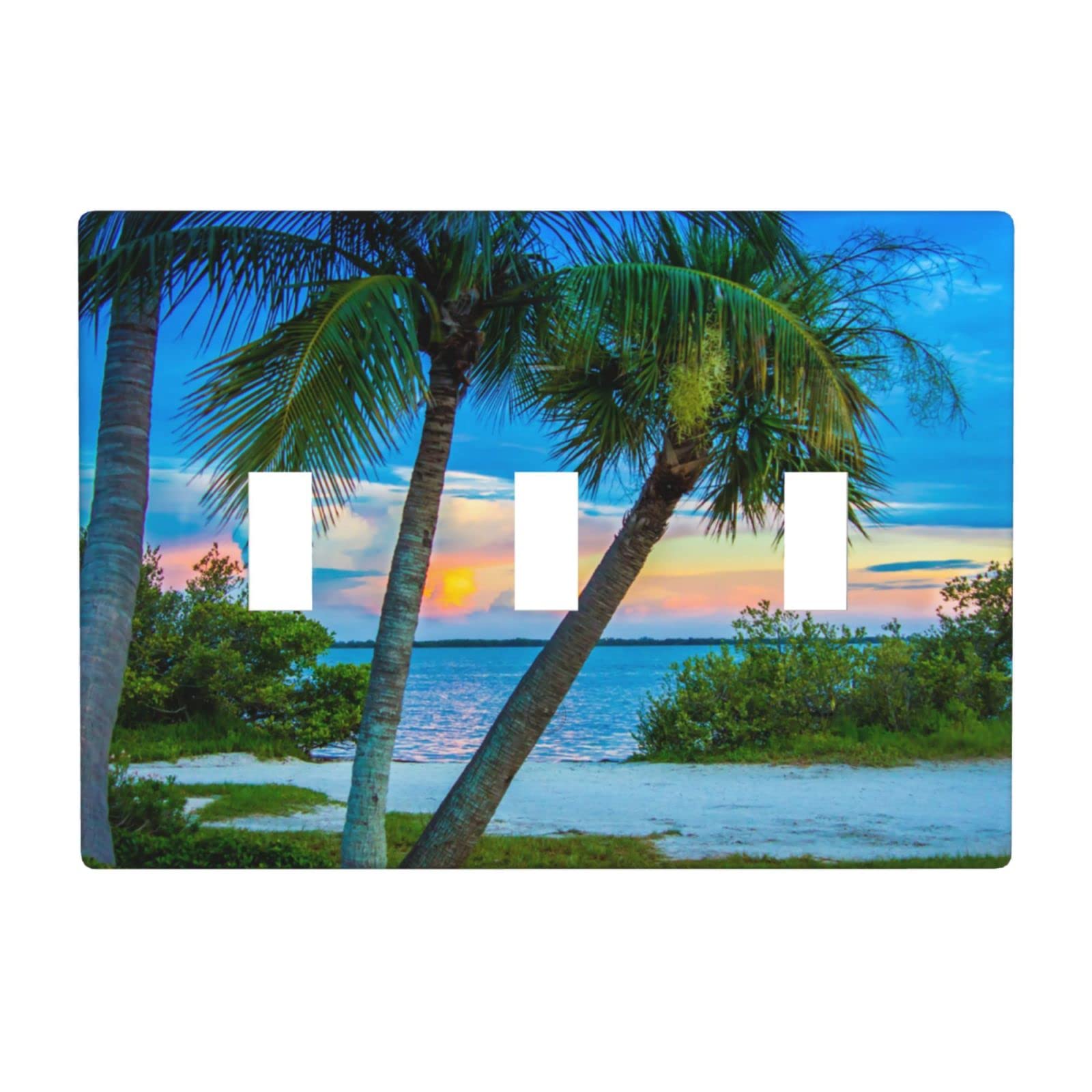 Decorative Beach Ocean Palm Tree Sunrise 3-Gang Toggle Light Switch Cover - Triple Wall Plate for Laundry, Living Room, Bathroom & Bedroom - Coastal Home Decor Accessory for Beach Houses & Tropical Themed Interiors