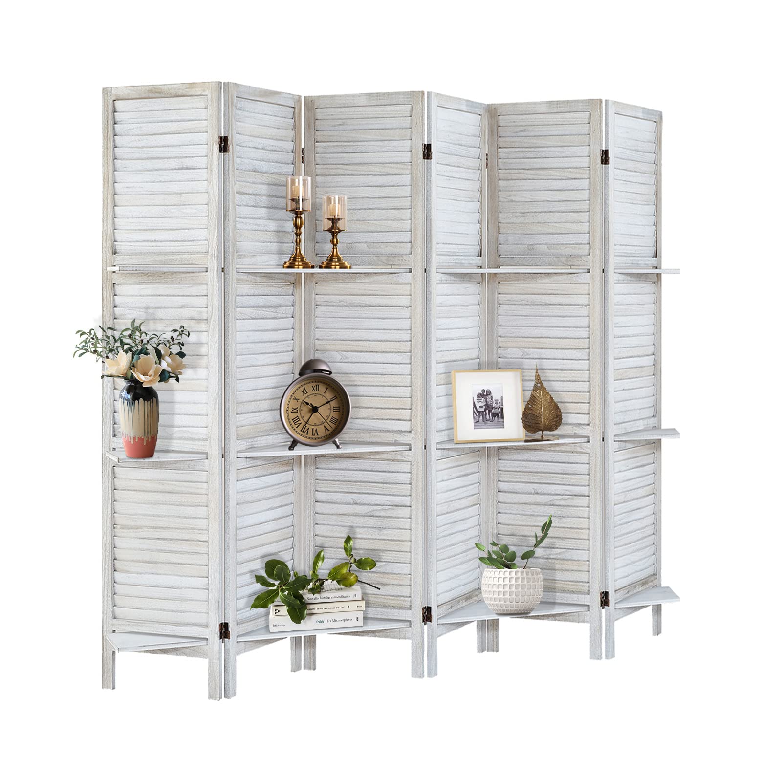 6-Panel Wood Room Divider with Shelves - Folding Privacy Screen & Temporary Wall Partition - Natural Coconut Finish for Home Office, Bedroom & Studio Separation
