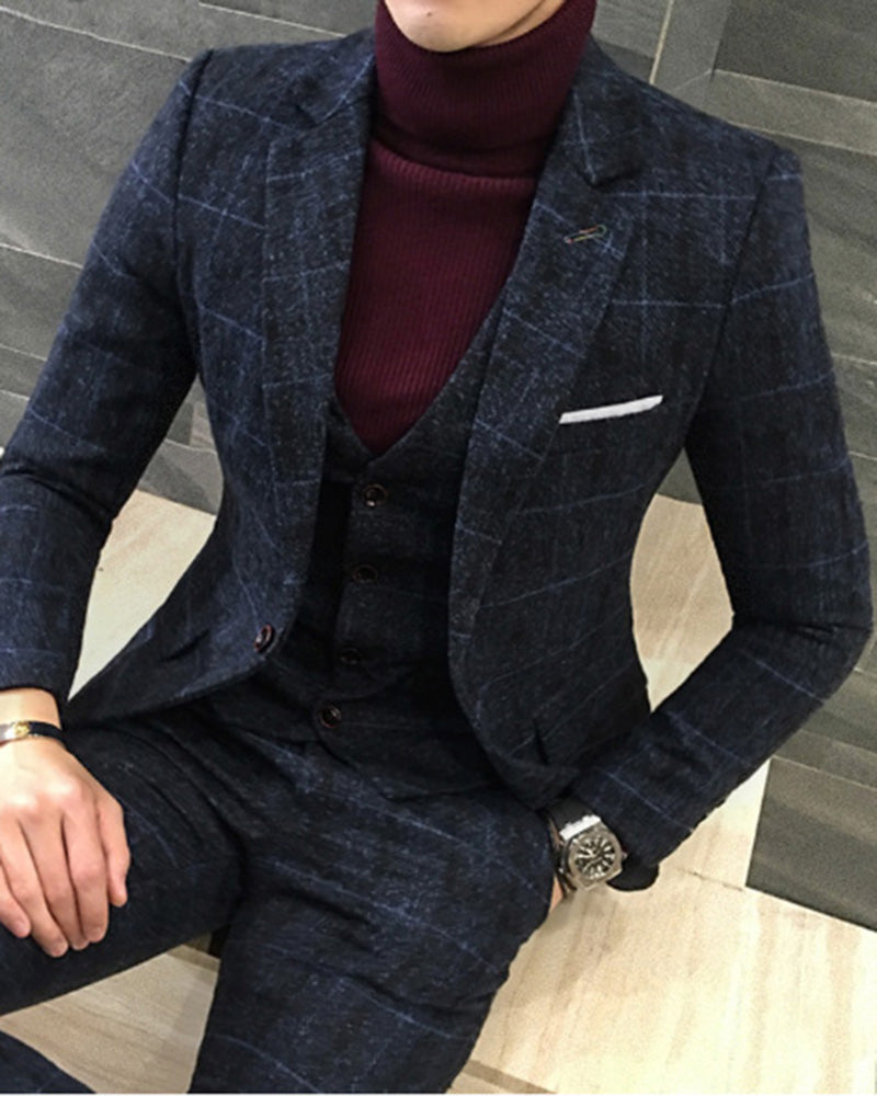 2023 Navy Blue British Style 3-Piece Men's Suit - Slim Fit Plaid Wedding Tuxedo for Autumn Winter | Formal Occasions, Business Meetings & Special Events (Model: CB10190)