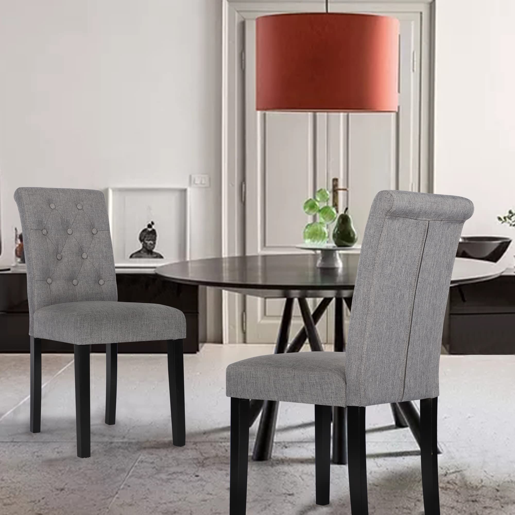 Premium DAGONHIL Dining Chairs Set of 6 - Button Tufted Upholstered Kitchen Chairs with Sturdy Black Solid Wood Legs (Gray) - Perfect for Dining Room, Kitchen, Breakfast Nook & Home Decor
